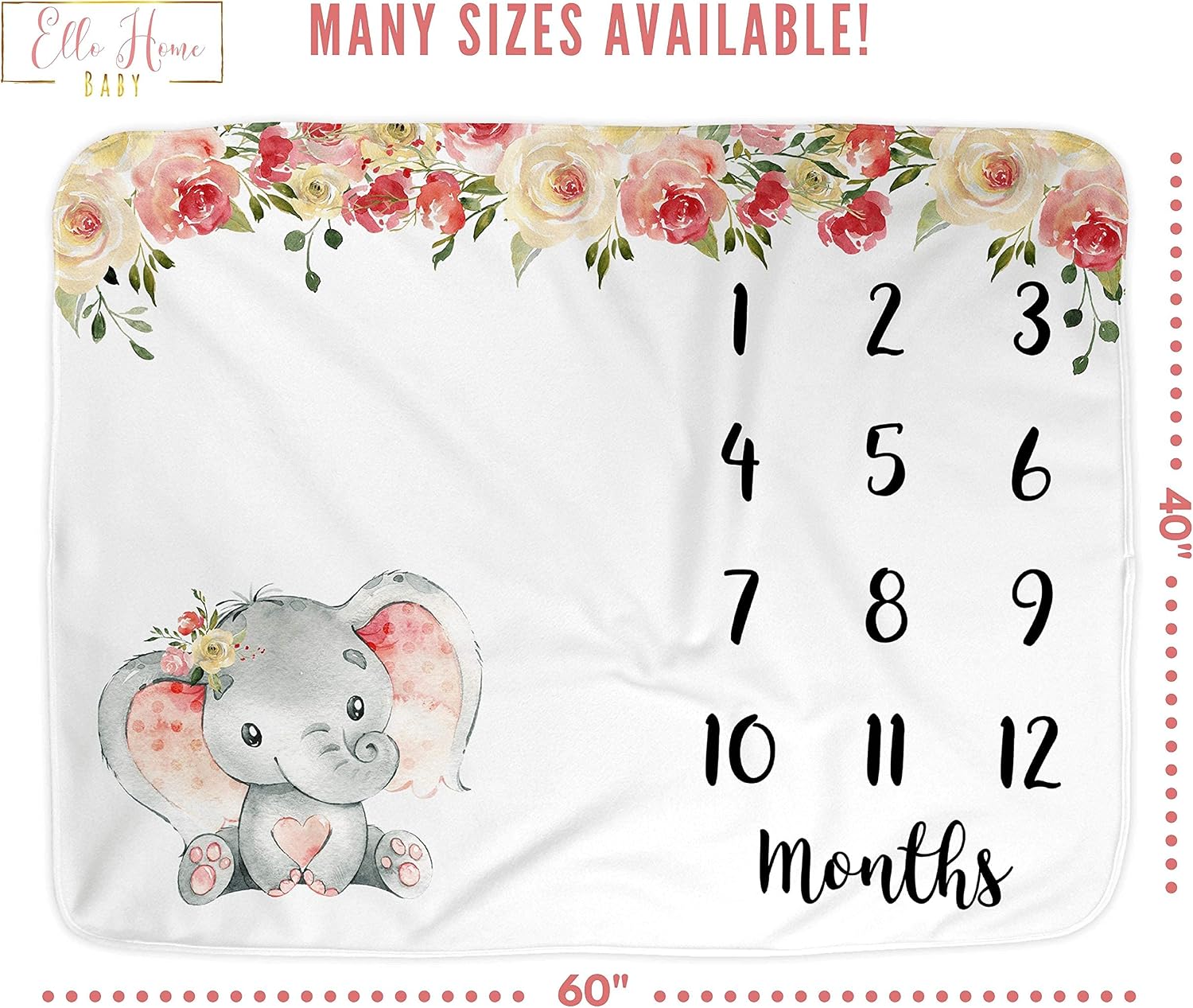 Elephant Baby Monthly Milestone Blanket, Name Month Blankets Girl, Months Photo Props Infant Newborn Photography Mat, Floral Pink Nursery Shower Gift New Moms, Track Growth (60"x40") Smooth