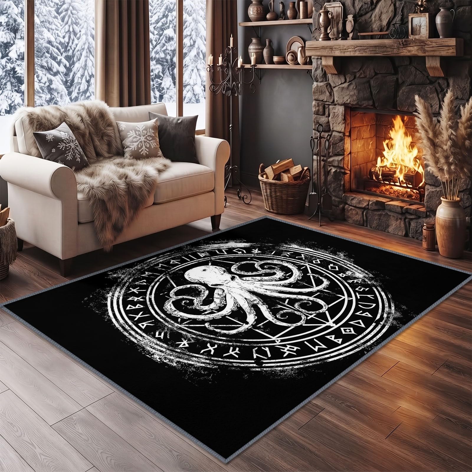 Tapis de Salon Gothique 140 x 200 cm, Pieuvre Étoile Six Branches Tapis Poils Courts Lavable Moderne, Décoratif Antidérapant et Doux pour Salon Chambre et Bureau