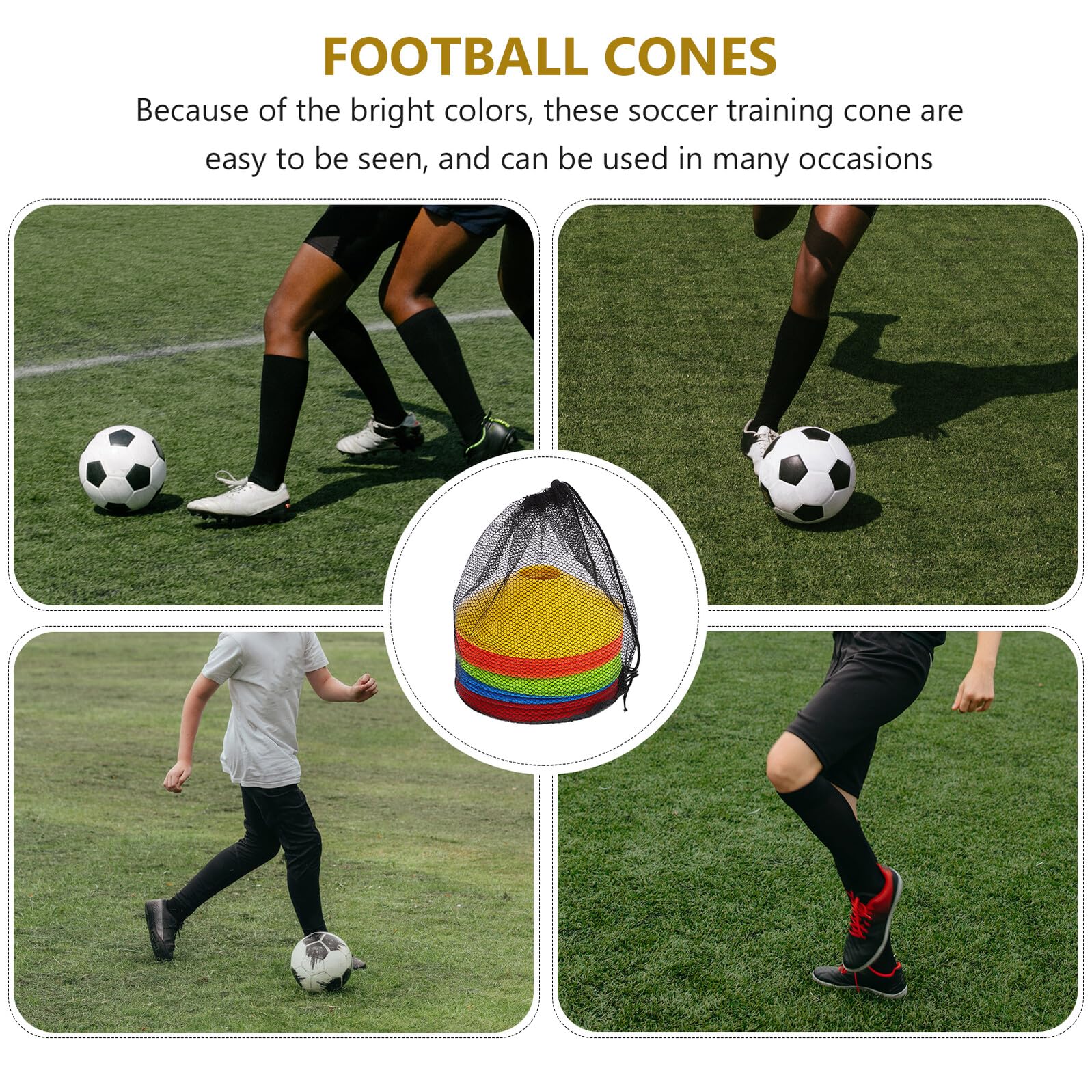 BESTonZON Plots D'entraînement Football 50 Pièces en PE Robuste, 5 Couleurs Assorties, Cônes D'agilité Portables Paquet Filet de Rangement, Panneaux de Signalisation pour Préparation