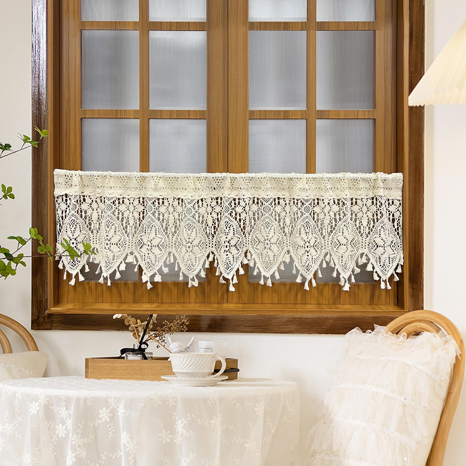 AiFMQQ Boho Crochet Lace Sheer Curtain Valance for Kitchen Windows Vintage Macrame Valances for Dining Room Living Room Farmhouse Rustic Crochet