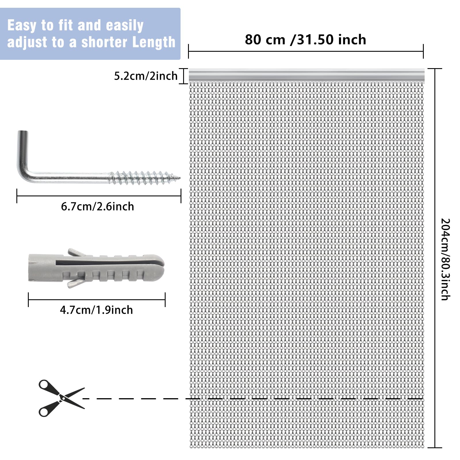 VerRich Dark Grey 80 x 200cm Aluminium Chain Curtain Door Fly Screens Metal Fly Curtain Insect Blinds Pest Control - Image 2