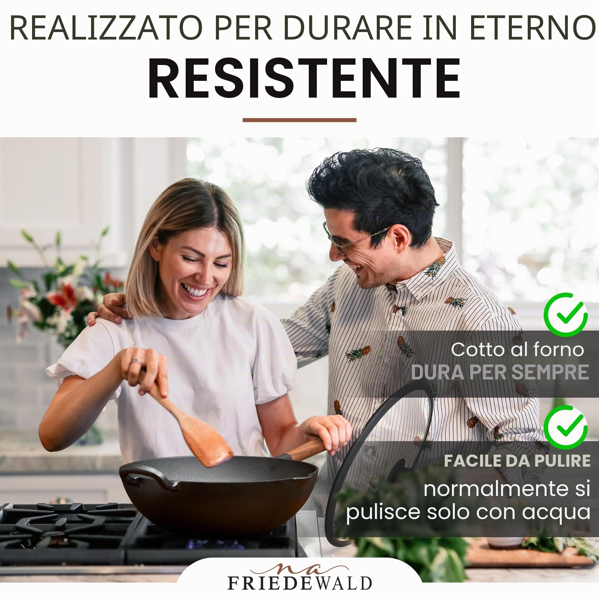 na Friedewald - Wok in ghisa con coperchio, adatto a piani cottura a induzione, 33 cm, 5 l, adatto a tutti i piani cottura, grande padella da griglia e cottura, rivestimento antiaderente