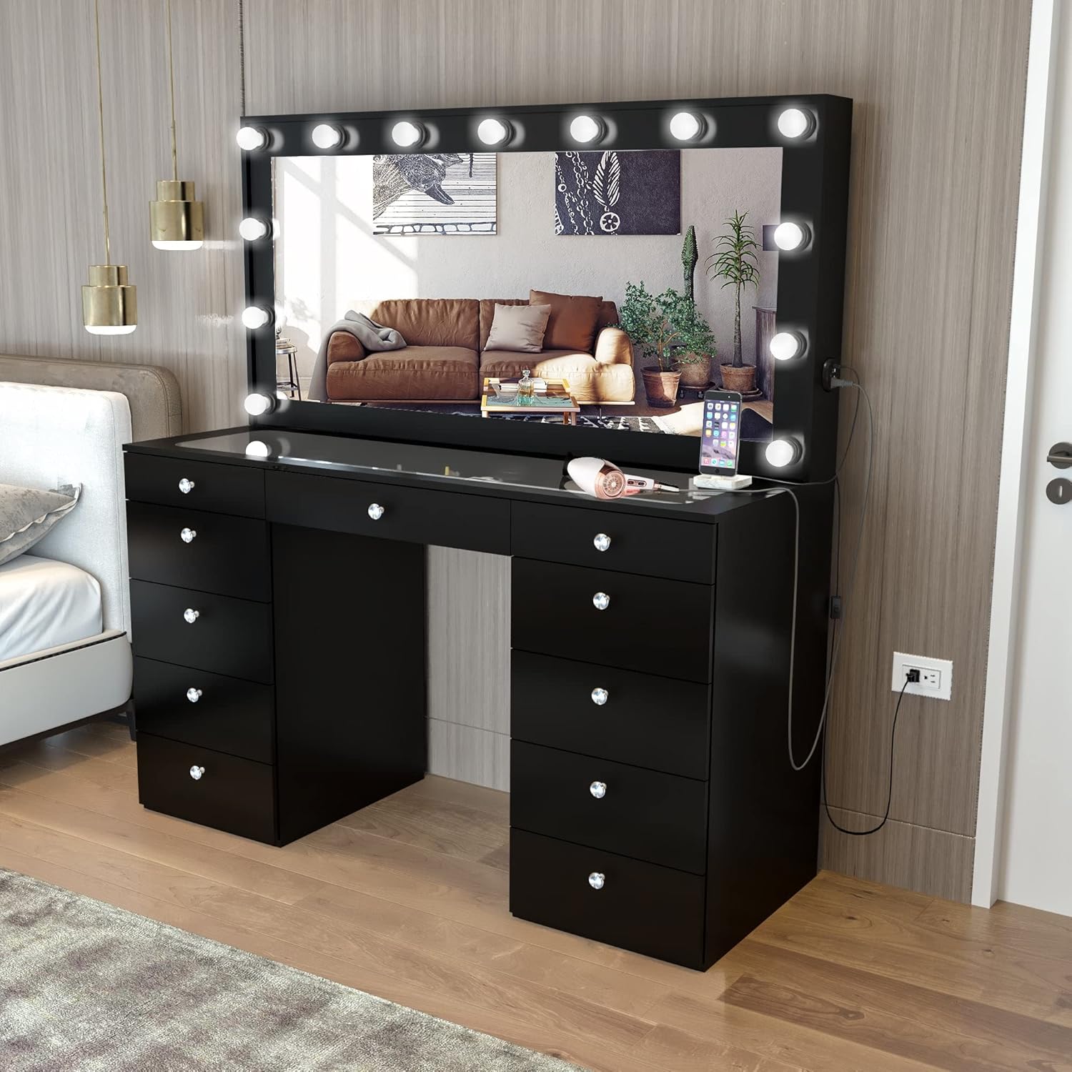 Boahaus Orla Modern Black Makeup Vanity Desk with Light