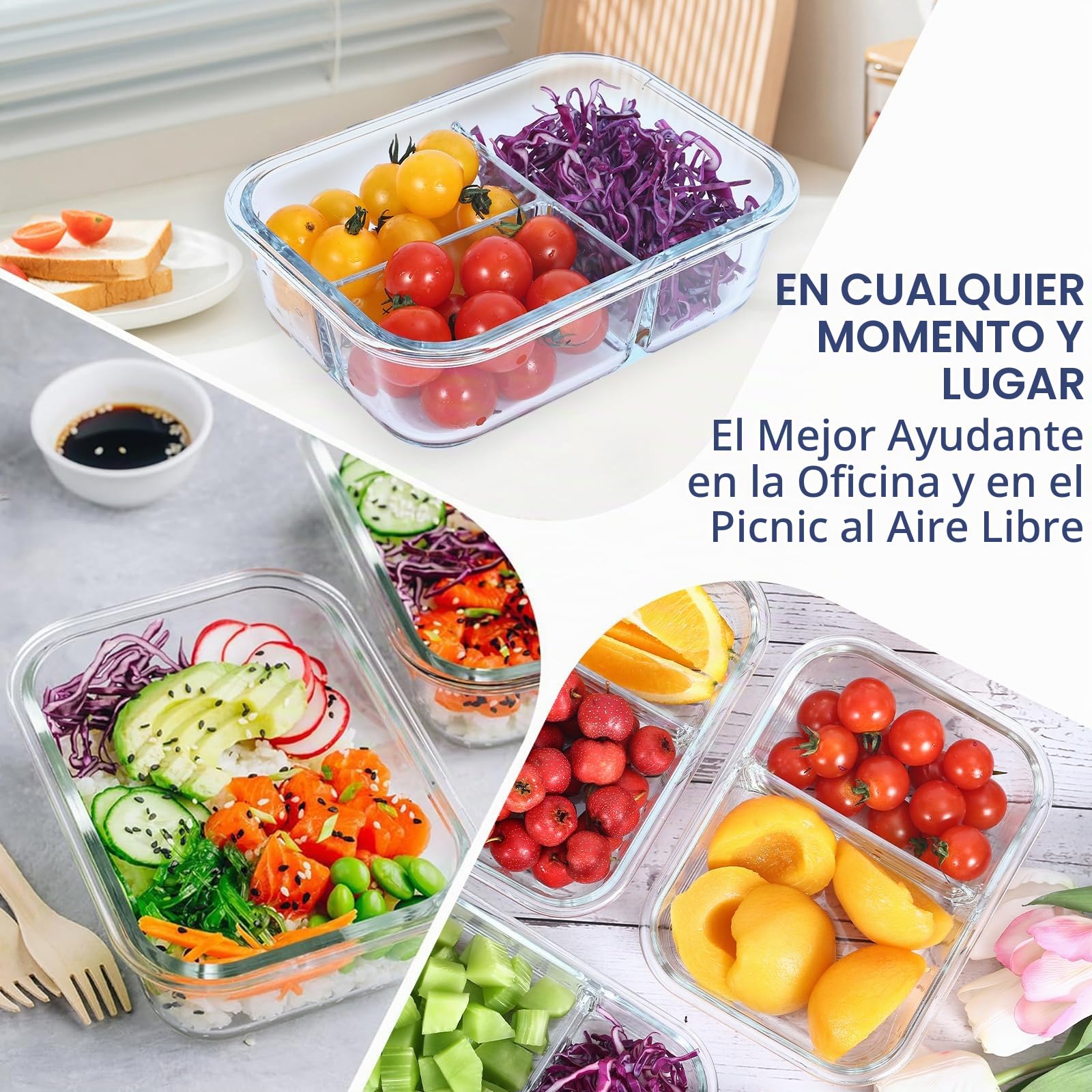 Meal Prep - Juego de 3 cajas de almacenaje (1, 2 y 3 compartimentos (1040 ml) para control de porciones, hermético, seguridad en horno y congelador