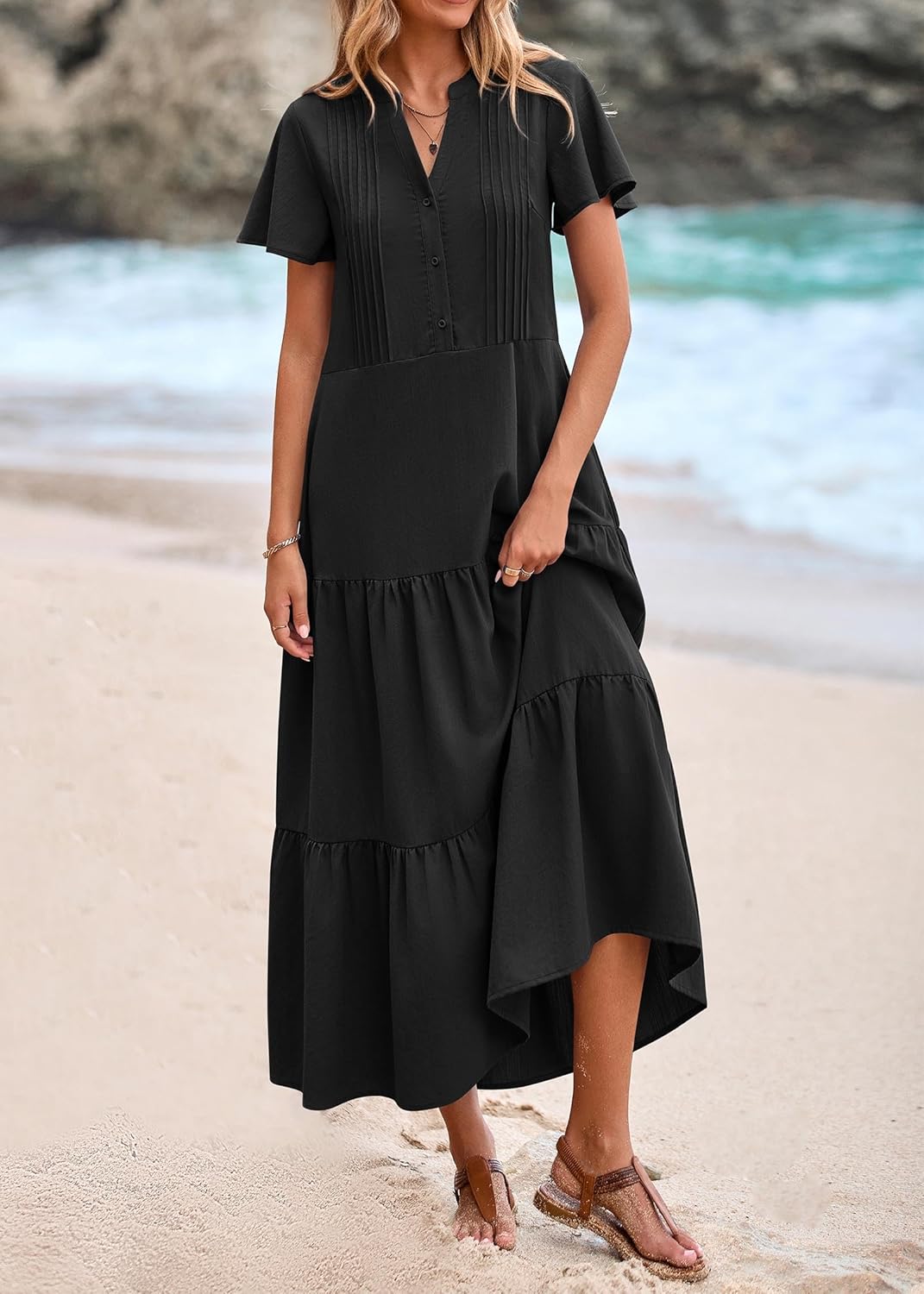 KIRUNDO Summer Maxi Dresses for Women 2026 Spring Fashion Short Sleeve Button V Neck Pleated Loose Tiered Swing Flowy Dress - Image 3