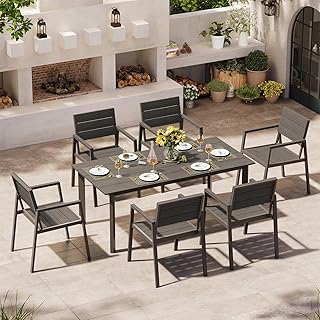 Outdoor Dining Set for 6, Patio Table and Chairs Set with Umbrella Hole,...