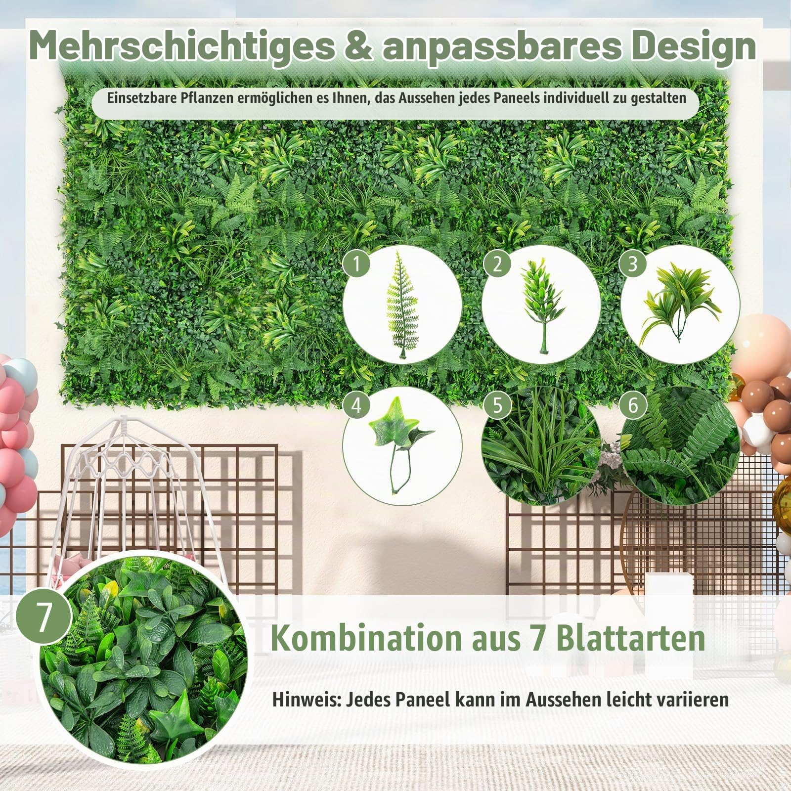 SOARS 4 Stück Künstliche Pflanzenwand, Hecke 50x50cm mit UV-stabilisierten Paneelen & verschiedenen Blättern, für Wohnzimmer, Garten, Wand, Hochzeit, Grün