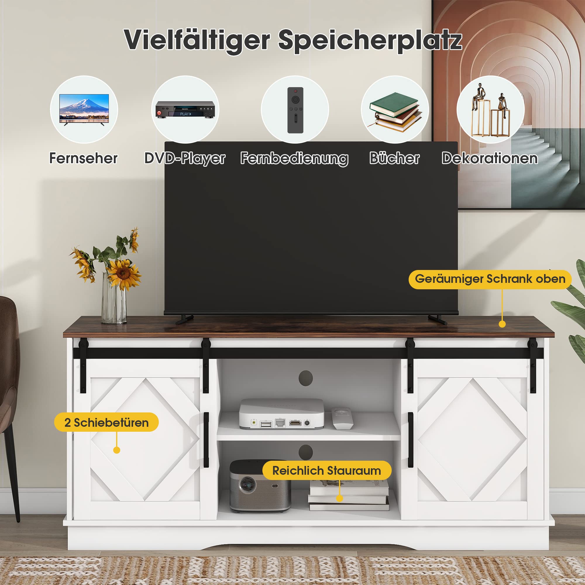 Mensole regolabili per soggiorno, grande mobile TV, con 2 classiche ante scorrevoli, design moderno, 150 x 40 x 60 cm