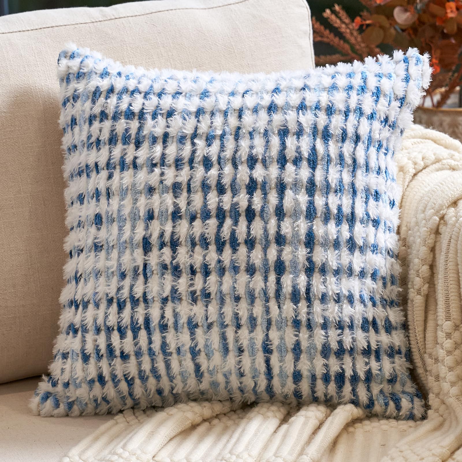 Aeckself Boho Chenille Tufted Pillow Cover 20x20 Inch, Decorative Square Throw Pillow Cover Neutral Pillowcase for Couch Bedroom Living Room, Blue