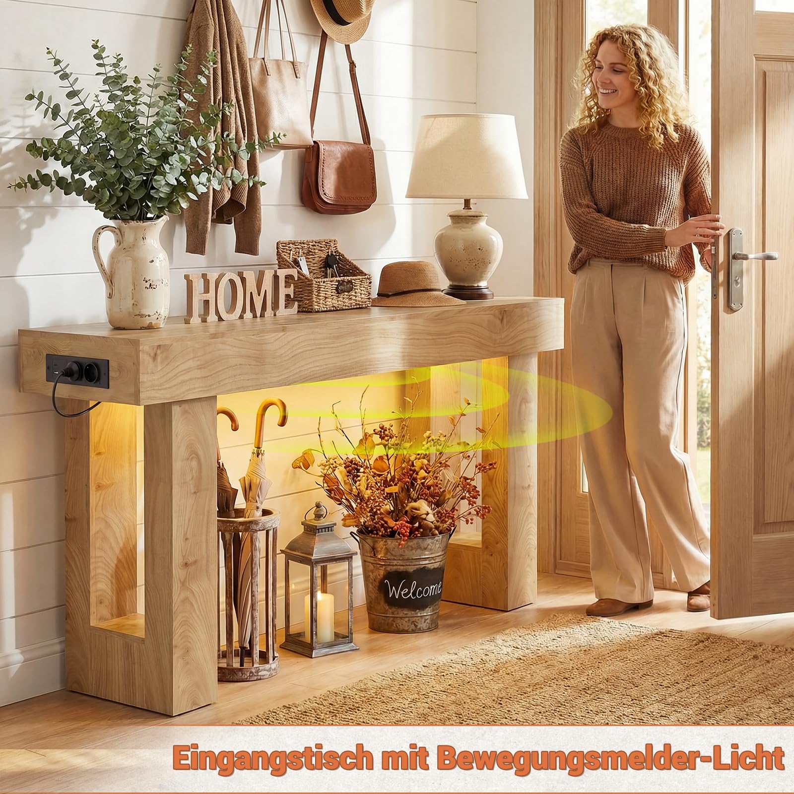 iSunirm Konsolentisch mit Steckdose, 120x35x85 cm schmaler Flurtisch mit 2 Steckdosen, 2 USB & Bewegungsmelder-Licht, Sofatisch für Flur, Wohnzimmer, hinter Sofa, Natureiche