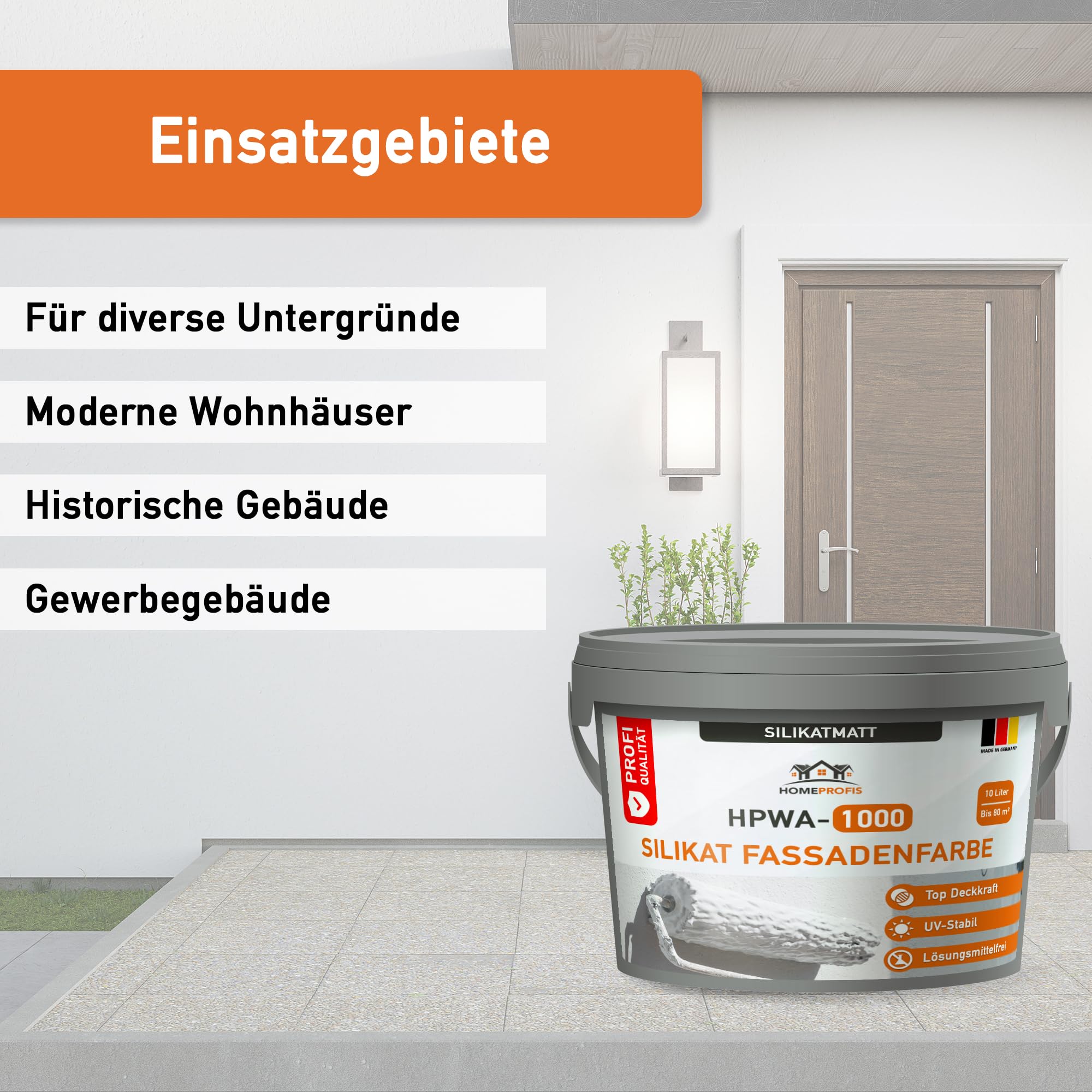 Home Profis® Silikat Fassadenfarbe Weiß | Sehr langlebig |100% UV stabil | Sehr gute Deckkraft | Fassaden Farbe für Neuanstrich & Deckanstrich | Profi Qualität | HPWA-1000 (10 Liter | Bis 80 m²)