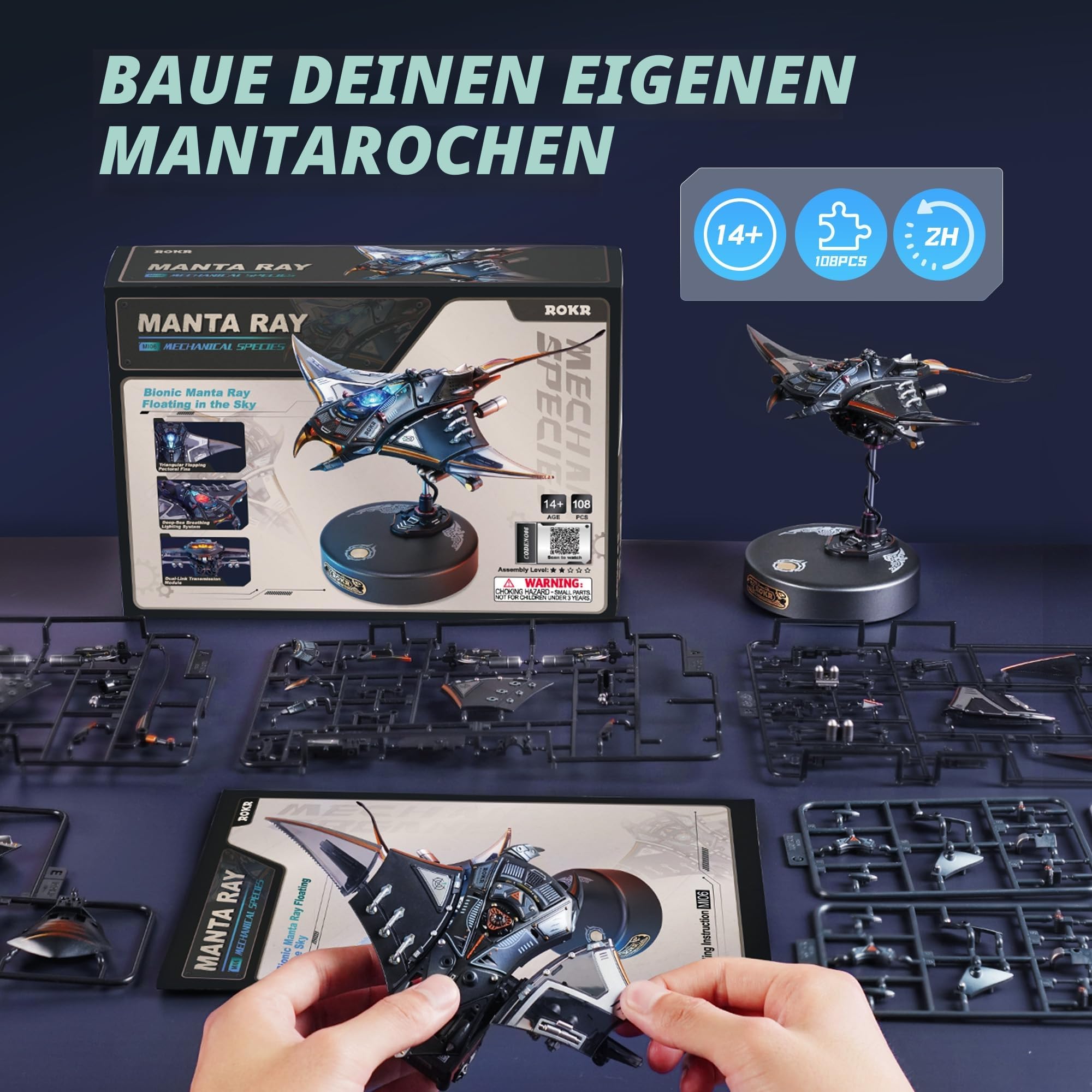 ROKR 3D Puzzle Manta Ray Mechanische Modellbau, Meerestiere 3D Puzzle Erwachsene Mit Bewegungs- und LED-Lichteffekt, STEM-Modellbausatz für Erwachsene (MI06)