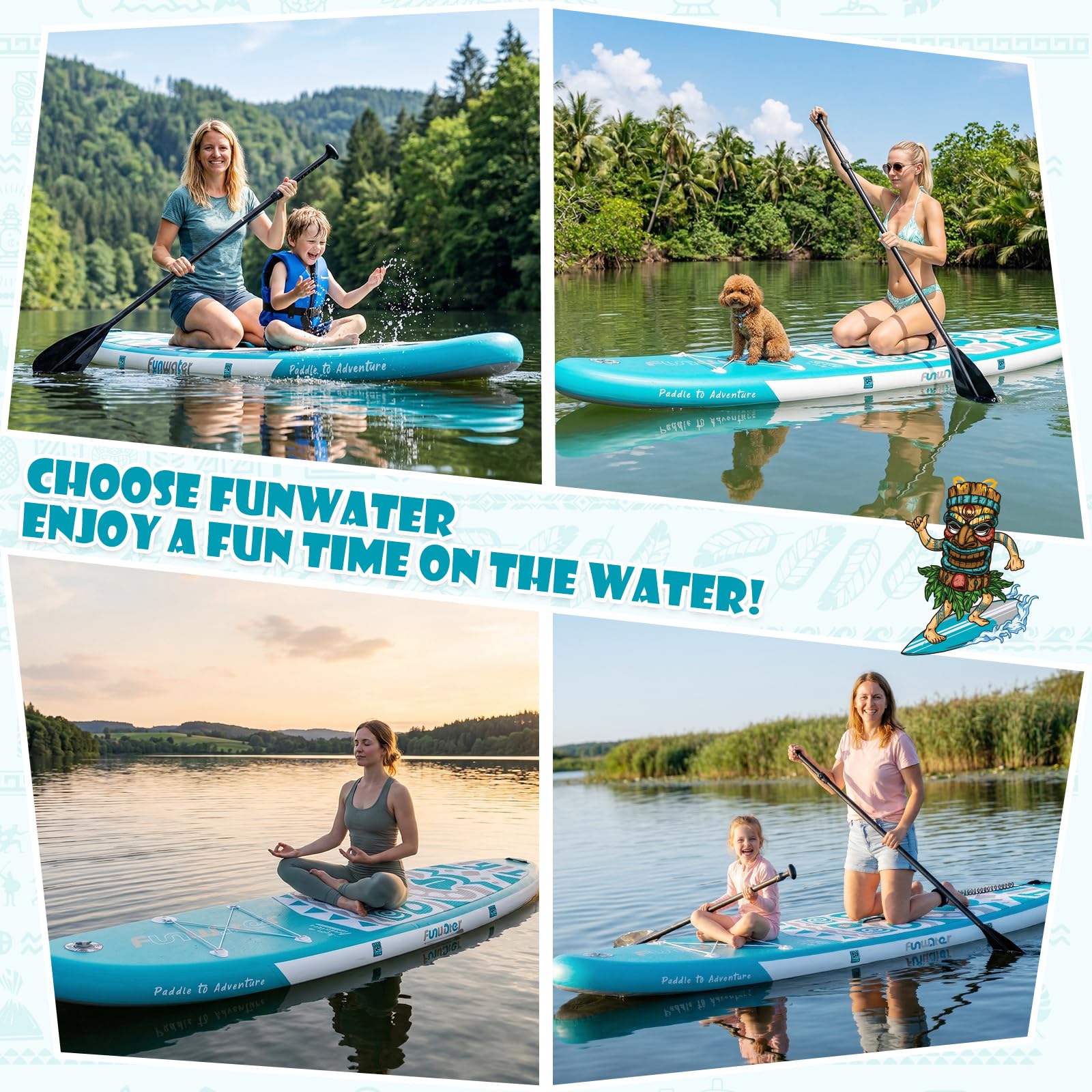 FunWater Nadmuchiwana deska surfingowa SUP, kompletny zestaw akcesoriów do paddleboardingu, regulowane wiosło, pompka, plecak podróżny, smycz, wodoszczelna torba, deska do wiosłowania dla dorosłych
