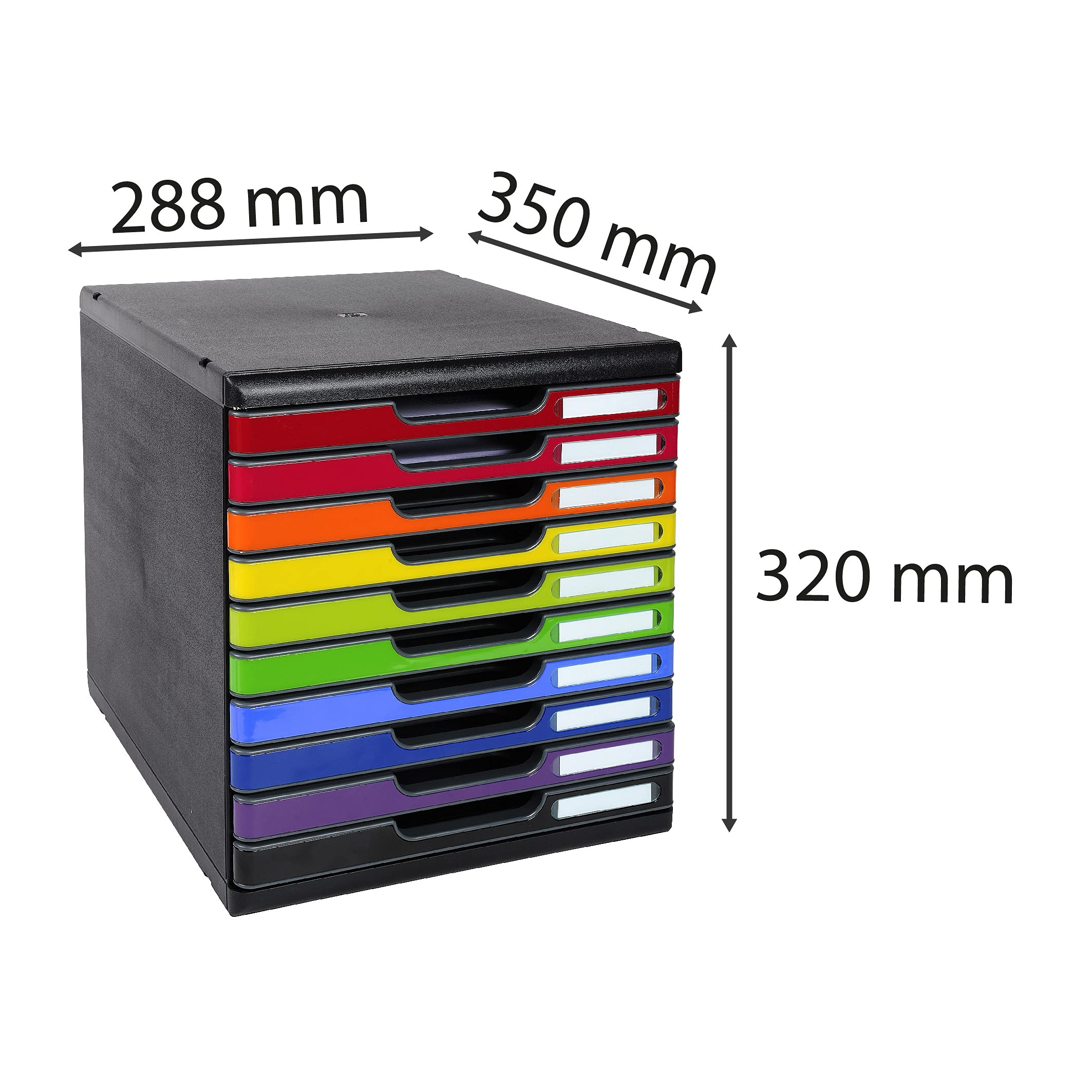 Exacompta - rif. 302798D - MODULO A4 - cassettiera da 10 cassetti chiusi per documenti A4+ - dimensioni esterne: Profondità 35 x larghezza 28,8 x altezza32 cm - Nero/multicolore lucido