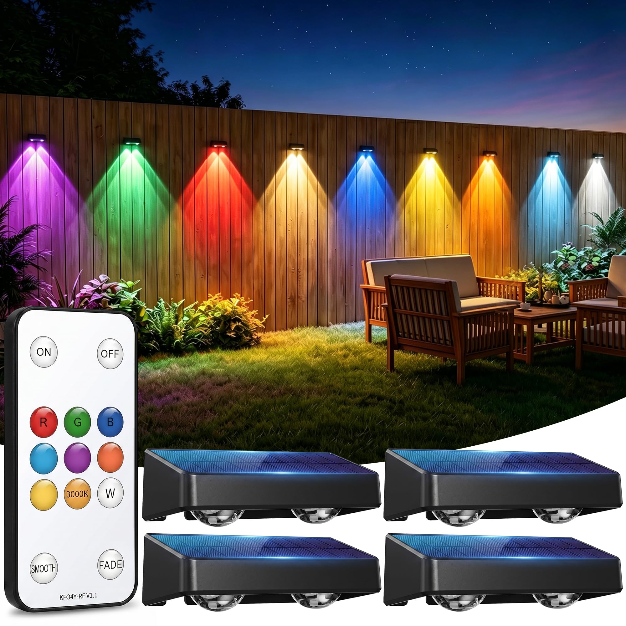 sununiny Solar Fence Lights Outdoor with Remote Control 4 Pack, Warm White, Cool White and RGB Color LED Solar Lights Outdoor, Dusk to Dawn Solar Garden Lights for Patio, Backyard, Deck, and Wall