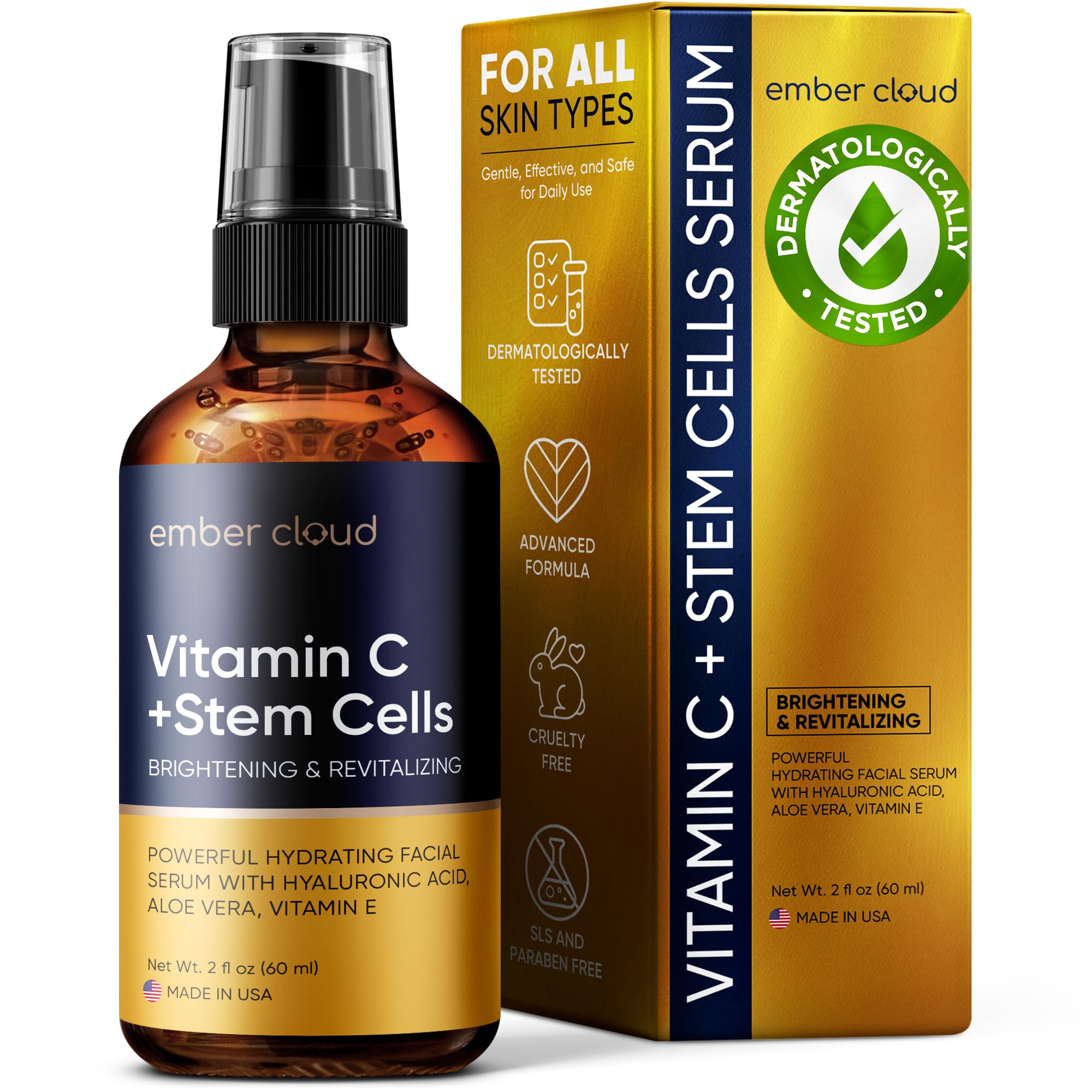 Siero alla vitamina C per viso e occhi (2 oz) con acido ialuronico, cellule staminali, vitamina E e aloe vera: favorisce la salute della pelle e unifica il tono.