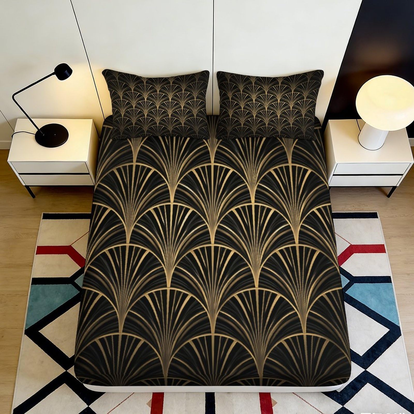 3D Printed Art Deco Pattern Fitted Sheet Microfiber Black Gold Geometric Mattress Cover for Bedroom Guest Room Decor 90x200x25cm