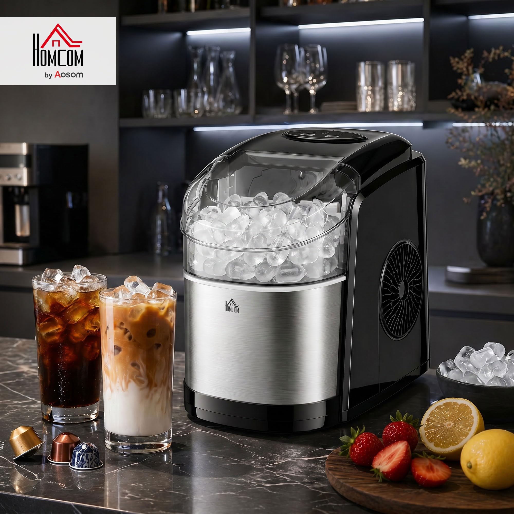 HOMCOM Machine à glaçons 12kg en 24h, Machine Glacon autonettoyant, capacité réservoir 1,8 L, Affichage LED, pelle et panier inclus, en acier Inox pour Maison, Cuisine, Bar