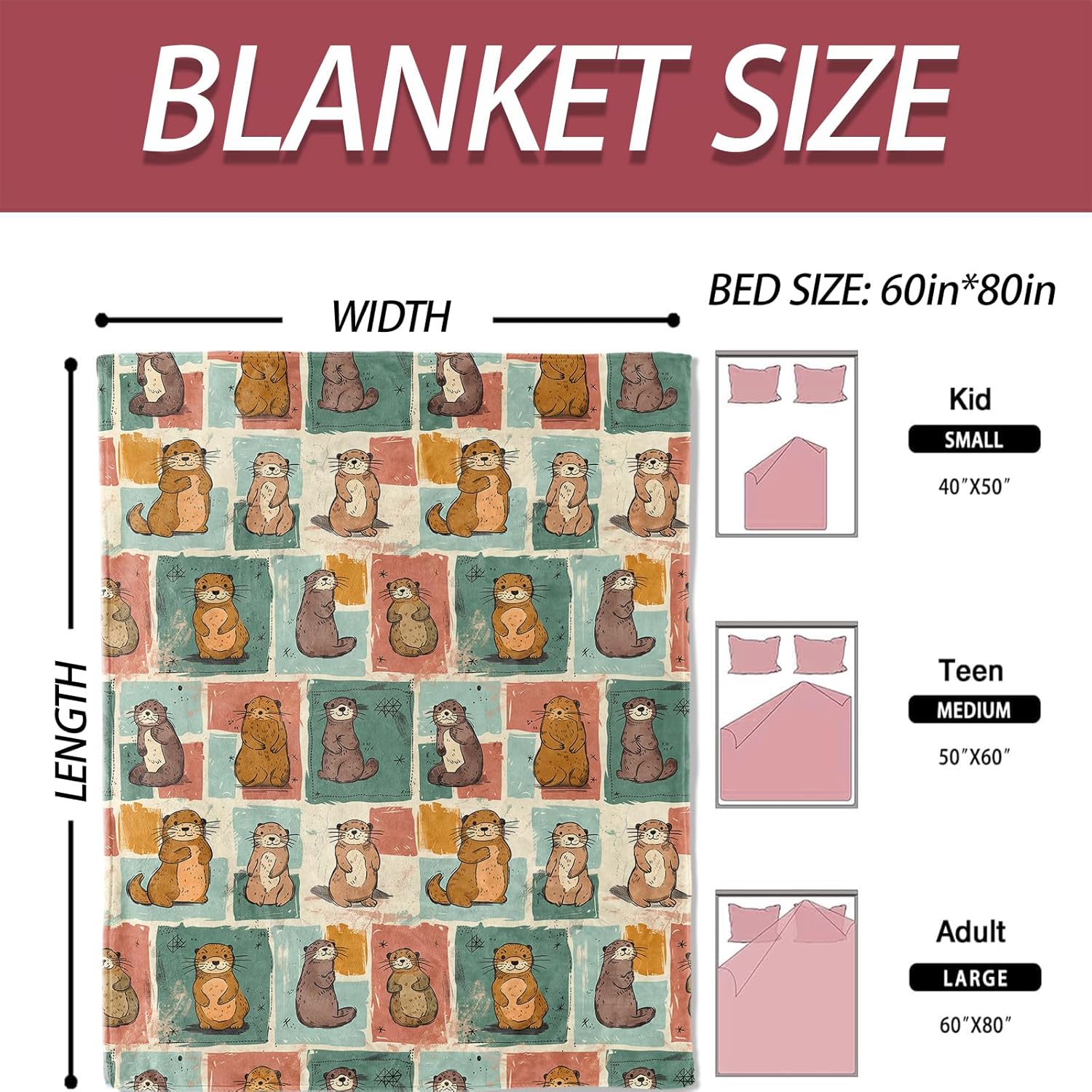 Retro Otter Blanket 50×60 Inch,Vintage Doodle Collage Style Lightweight Flannel Throw with Cartoon Sea Otters in Color Blocks, Playful Animal Decor,Gifts for Adults, Teens - Image 3