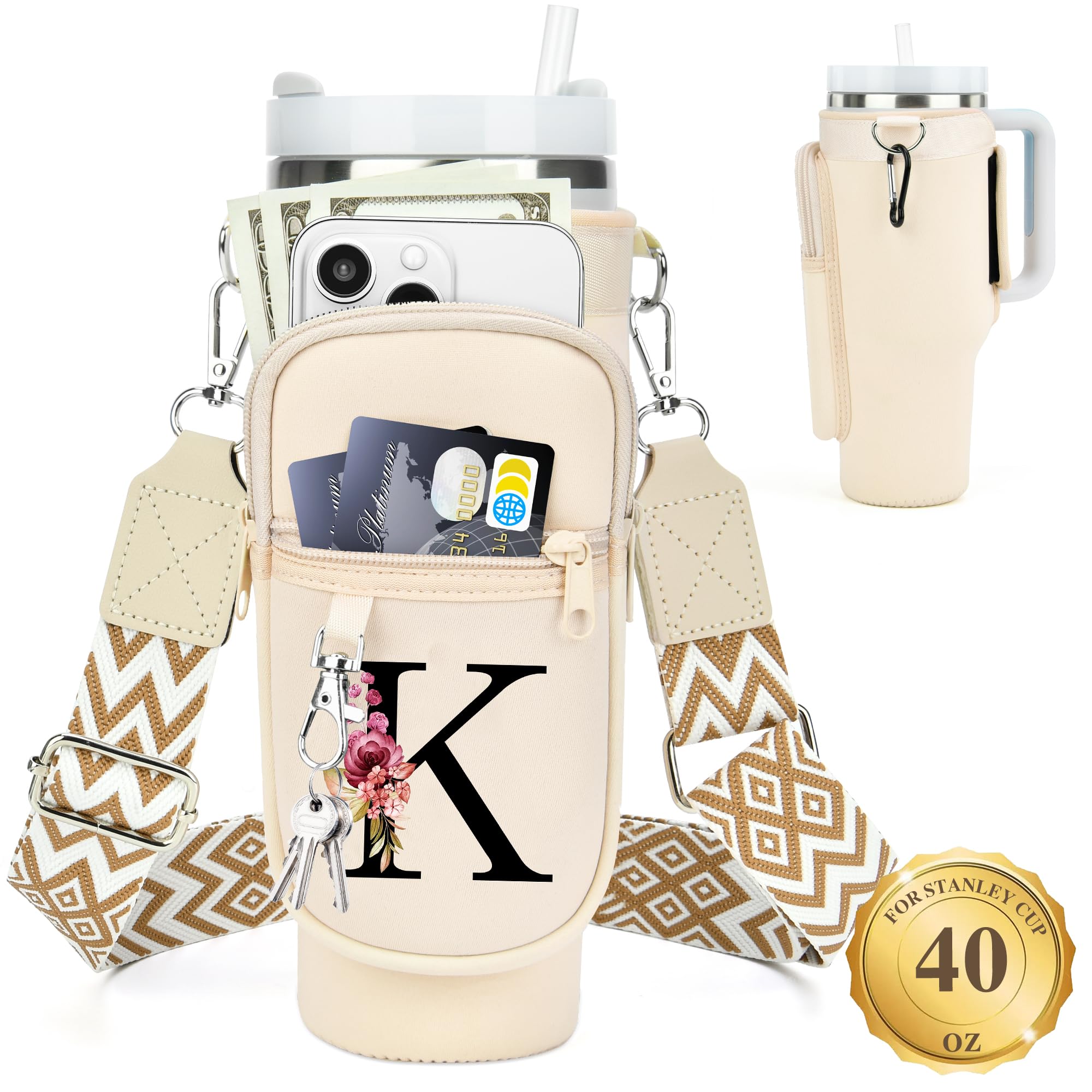 LOKASS Water Bottle Holder with Strap for Stanley Cup 40 oz Tumbler with Handle, Personalized Initial, Water Bottle Carrier Bag with Phone Pocket for Stanley Cup Accessories Cream K
