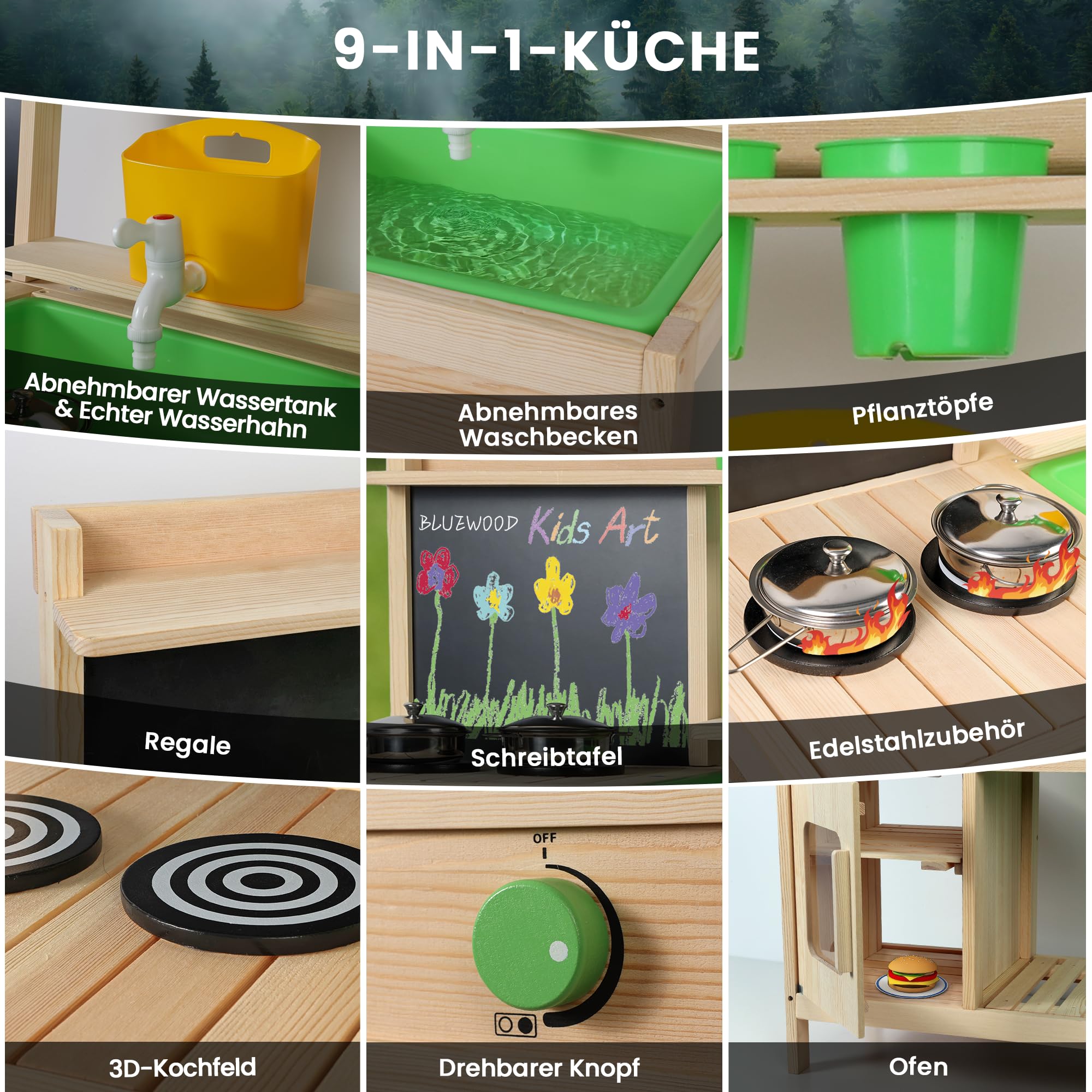 Cucina Giocattolo Montessori in Legno per Bambini | Cucina da Esterno BlueWood | Rubinetto Funzionante, Lavello Grande, Ripiani e Accessori | Gioco Educativo Sensoriale