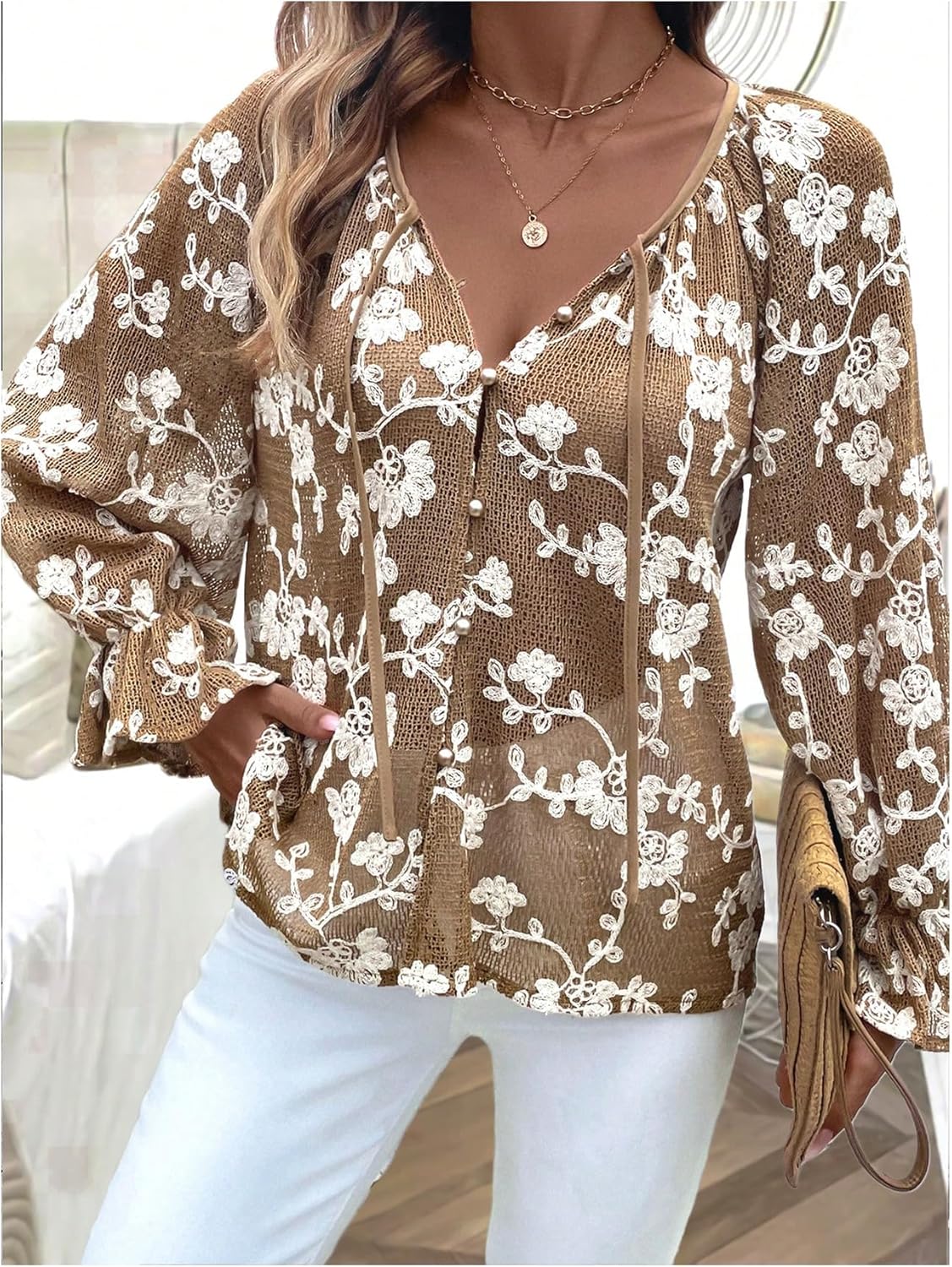 SOLY HUX Women's Floral Blouse V Neck Button Down Flounce Long Sleeve Tie Front Vacation Casual Tops - Image 3