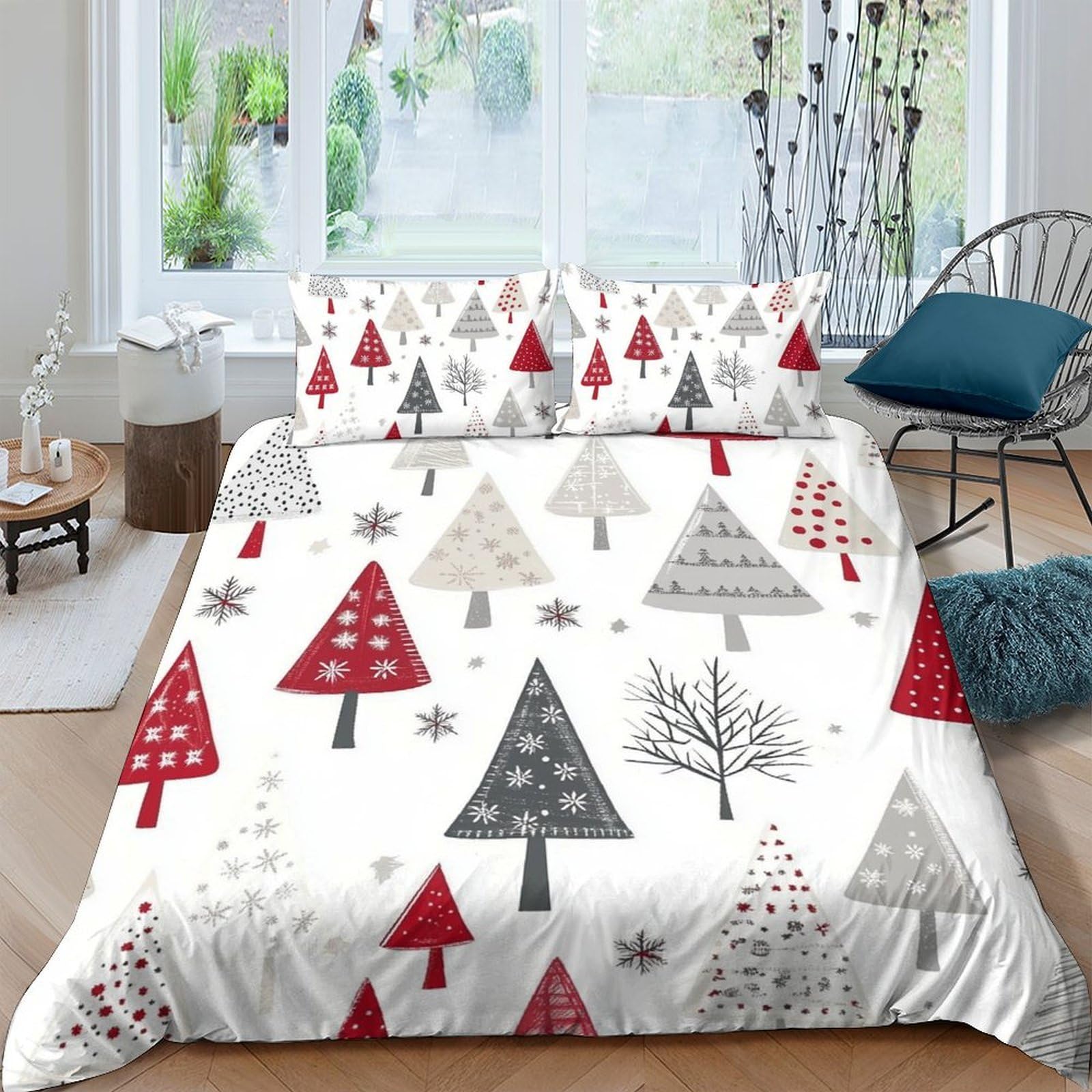 P5V6M1Q9 3D Printed Christmas Tree Duvet Cover Microfiber Festive Winter Forest Bedding Set with 2 Pillowcases for Bedroom Decor Single（135x200cm）