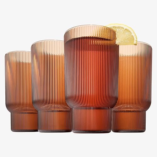 Miniatura 3 de Juego de 4 vasos altos de acrílico inastillables, estilo europeo, aptos para lavavajillas, acanalados, juego de 4, tritán estriado, plástico