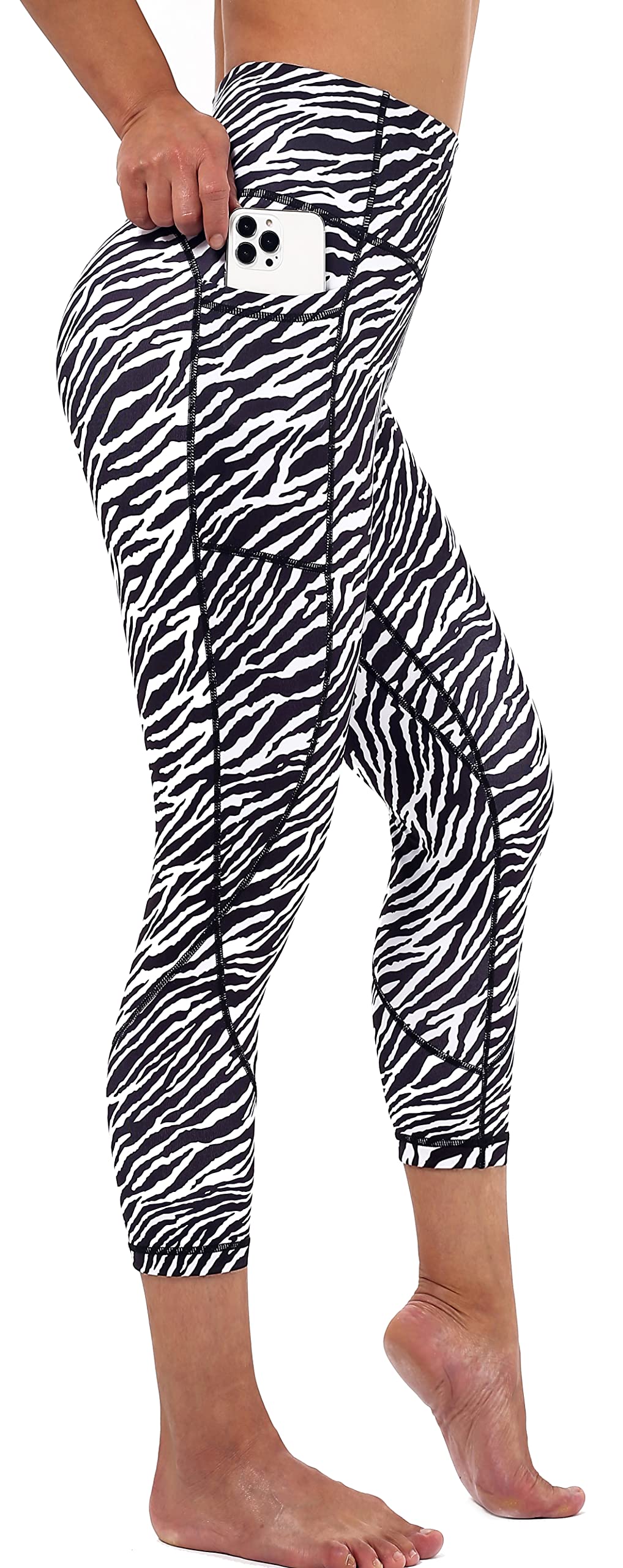 Neonysweets Women's Printed Yoga Pants Capris High Waist Tummy Control Workout Pants Leggings with Pockets Zebra M