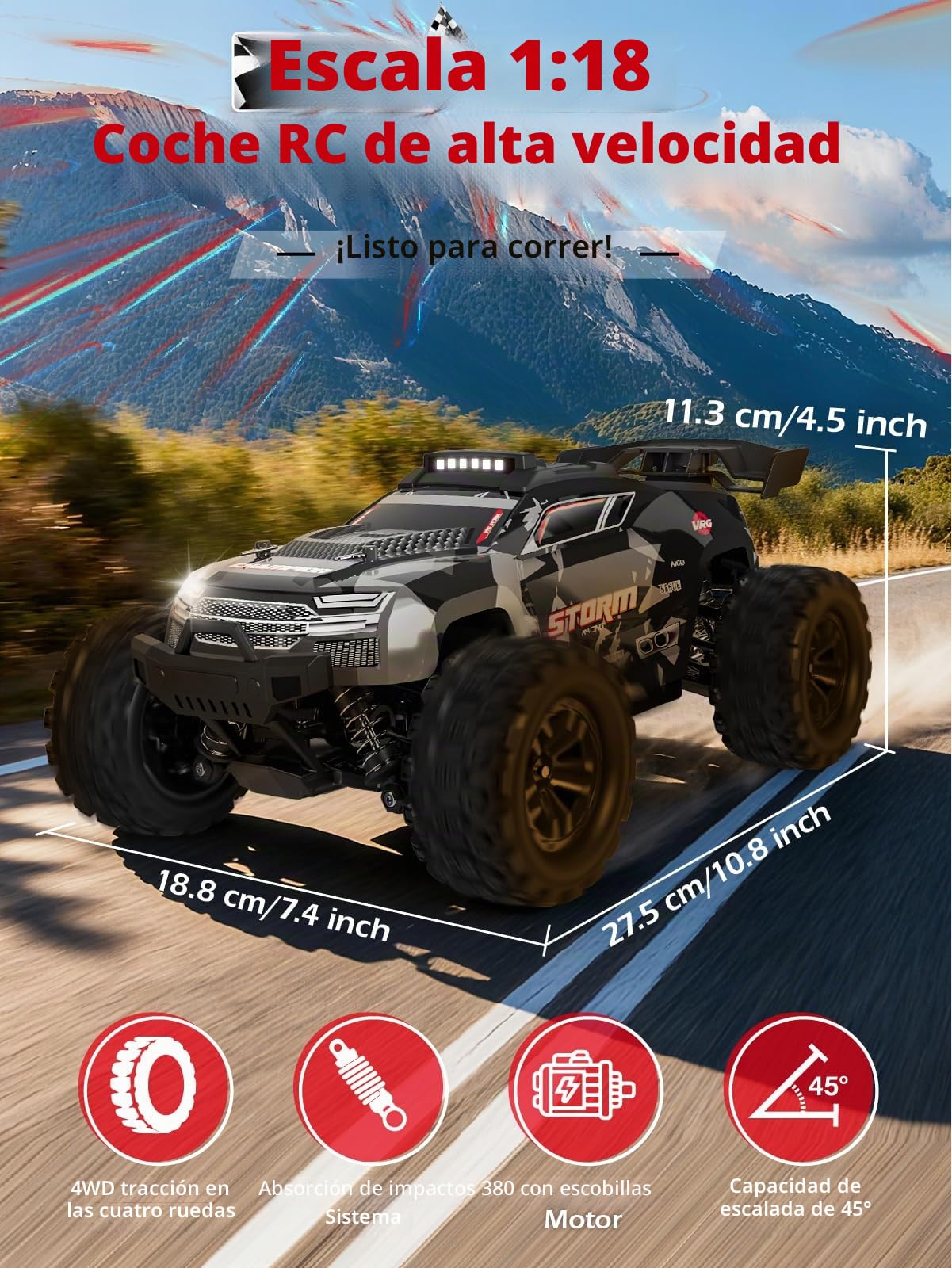 Kiztoys Coche Teledirigido - 2,4 GHz Coche RC Vehículo Todoterreno de Alta Velocidad 40 km/h Avec Lumières 1:18, 4WD Radiocontrol Buggy Crawler Controlados Juguete Regalo para Niños Adulto