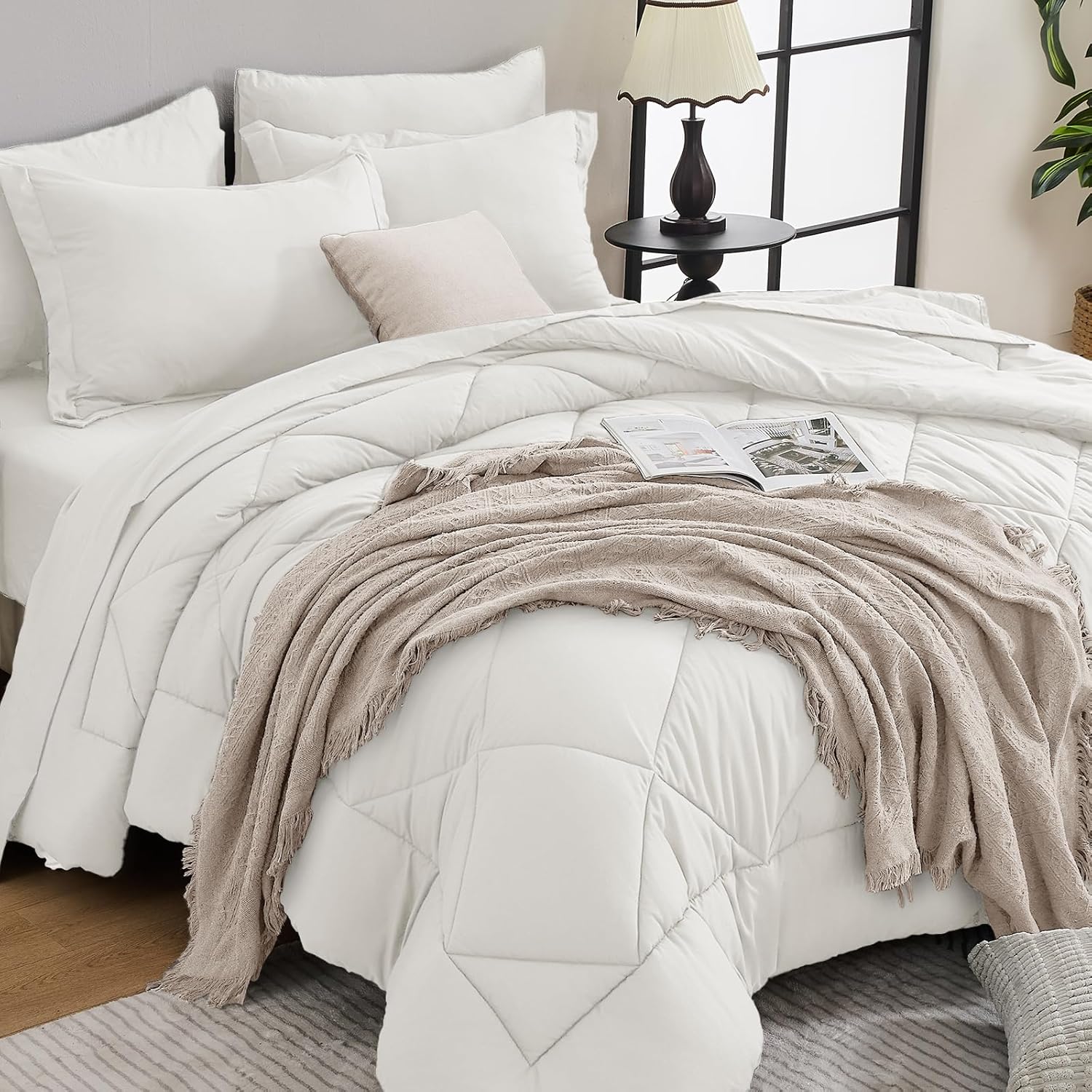 HEVUMYI Ivory Cali-King Comforter Set - 7-Piece All Season Bed in a Bag Cali-King, Ultra Soft Bedding Set with Comforter, Flat Sheet, Fitted Sheet, Pillowcases, Pillow Shams
