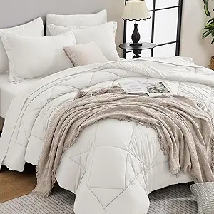 HEVUMYI Ivory Queen Comforter Set - 7-Piece All Season Bed in a Bag Queen, Ultra Soft Bedding Set with Comforter, Flat Sheet, Fitted Sheet, Pillowcases, Pillow Shams