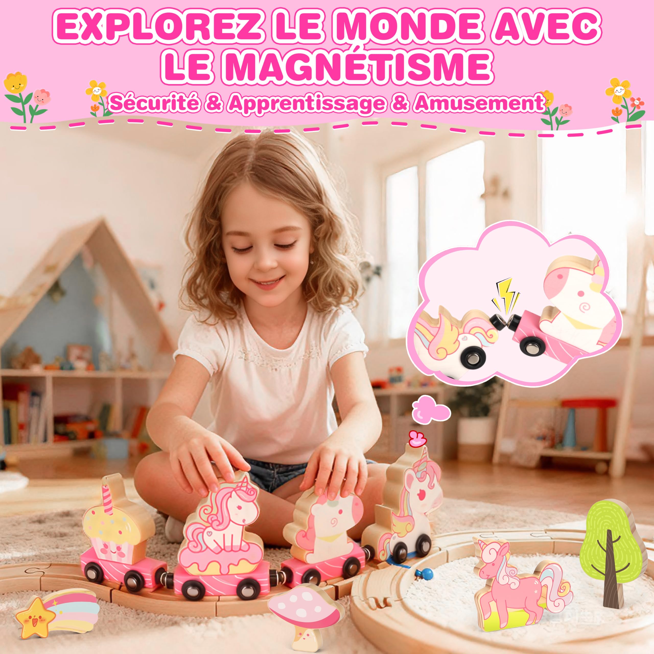 MOMOSTAR 74 Pièces Thème Licorne Rose Circuit Train Bois Enfant, Licorne Cadeau Fille 3 4 5 Ans Comprend des Ornements Tels Que des Châteaux, des Licornes Et des Princesses, Jouet Fille 3-5 Ans