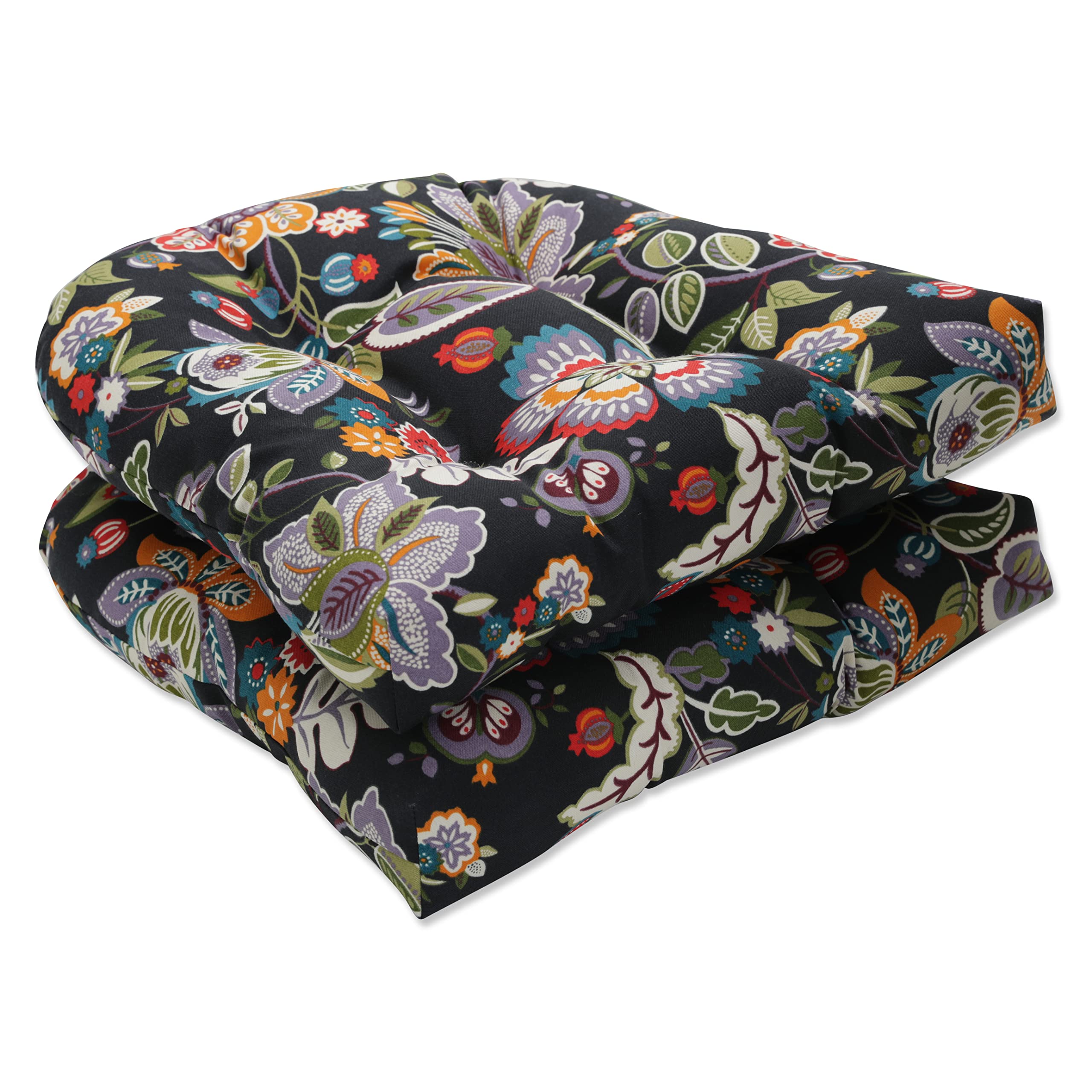 Pillow Perfect Floral Indoor/Outdoor Chair Seat Cushion, Tufted, Weather, and Fade Resistant, 19" x 19", Black Telfair, 2 Count