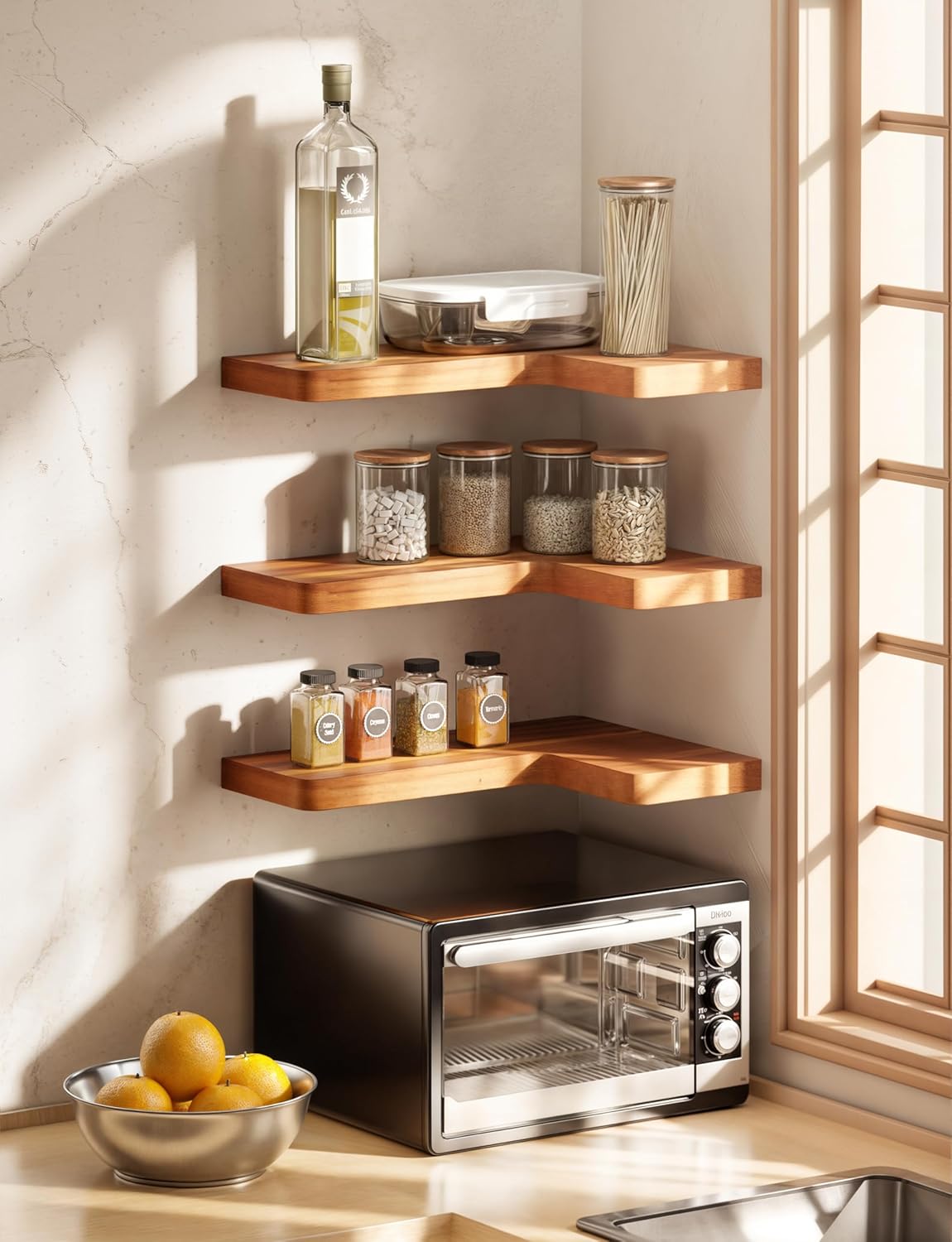 BATODA Acacia Wood Corner Floating Shelves 17" x 12"– Corner Shelf Wall Mounted - Floating Book Shelves for Wall - Brackets and Shelving Hardware Included for Kitchen, Living Room, Bathroom (Set 2)