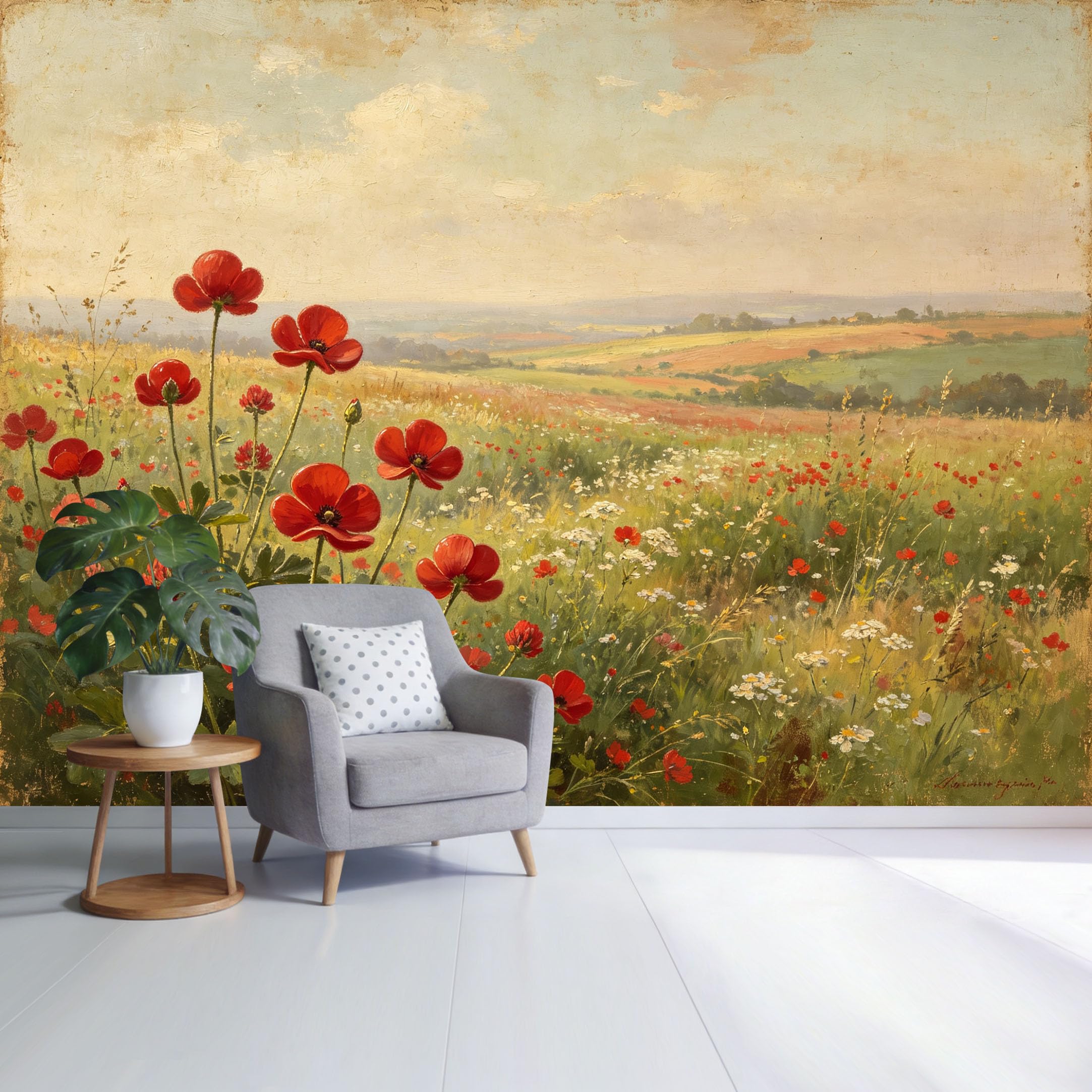 Custom Size Wall Mural Red Poppy Field Landscape with Wildflowers Countryside Vintage Oil Painting Style SelfAdhesive Wall Fabric Removable Wallpaper for Home Office Decor