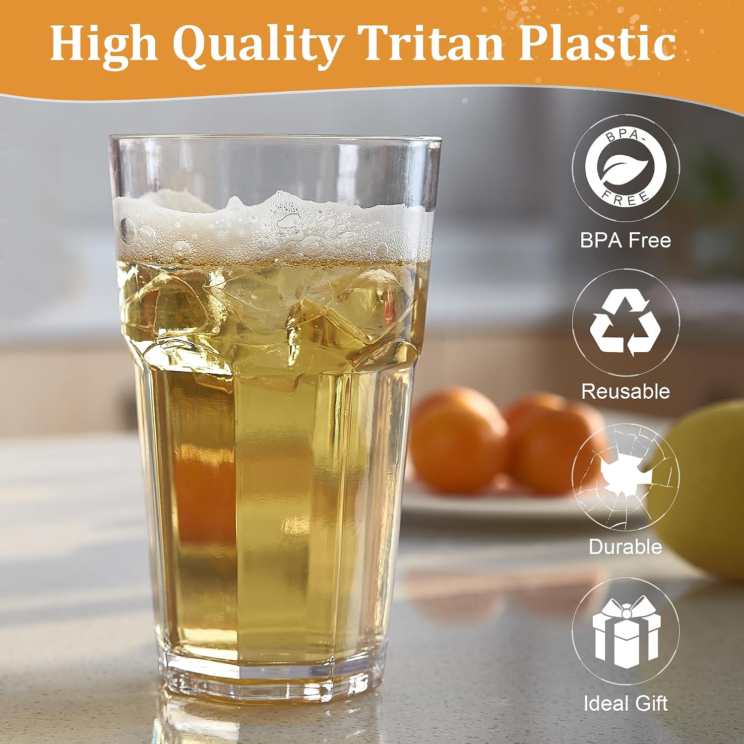 Tritan Plastic Drinking Water Glasses Tumblers Set of 4, 12 oz