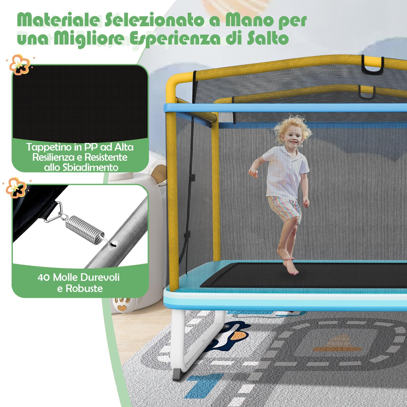 GYMAX Trampolino Elastico per Bambini, 3 in 1 con Altalena e Barra per Trazioni, Rete di Sicurezza, Interno ed Esterno, Idea Regalo per Bambini 3+