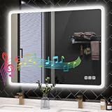 28"x36" LED-Bathroom-Mirror-with-Lights&comma; Wall-Mounted with Bluetooth Speaker&comma; Anti-Fog&comma; 3 Color Temperature&comma; Dimmable Brightness&comma; Waterproof&comma; Tempered Glass&comma; Frontlit & Backlit