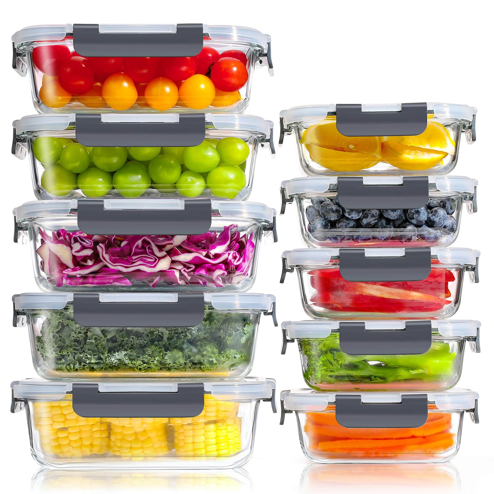 YASHE Boite Alimentaire Verre avec Couvercle Hermétique - Lot de 10 Lunch Box Verre Réutilisables, Sans BPA, Compatibles Micro-ondes, Four, Lave-vaisselle, Congélateur