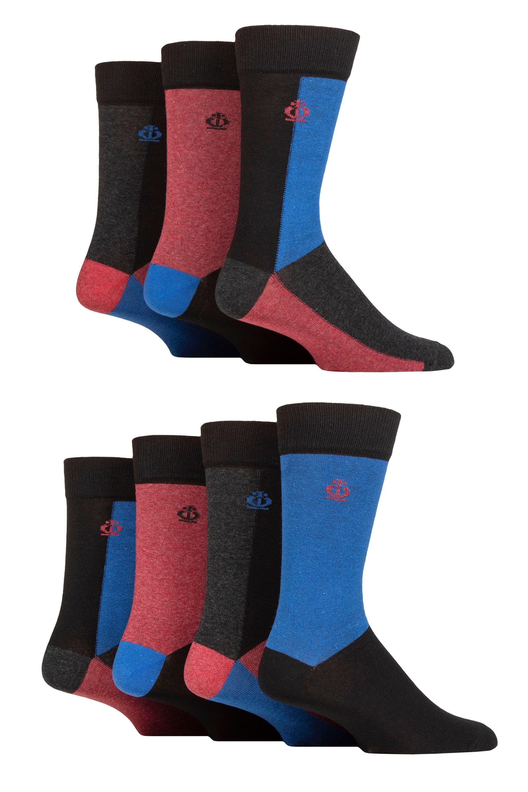 Jeff Banks Men's Blocks Blue / Burgundy Recycled Cotton Patterned Socks Pack Of 7 (7-11, Blocks Blue/Burgundy)