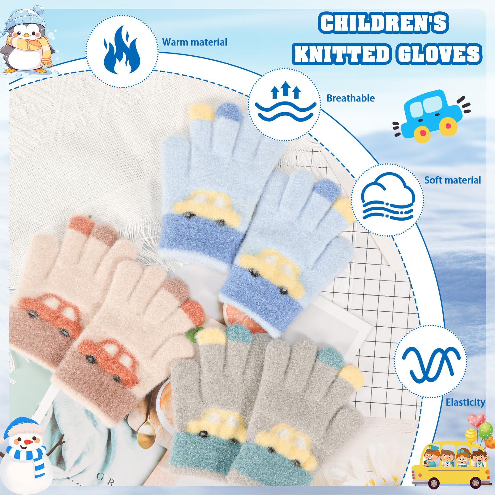 Lot de 3 paires de gants magiques pour enfants motif voiture, gants tricotés chauds et élastiques, mitaines d'hiver, 2-5 ans