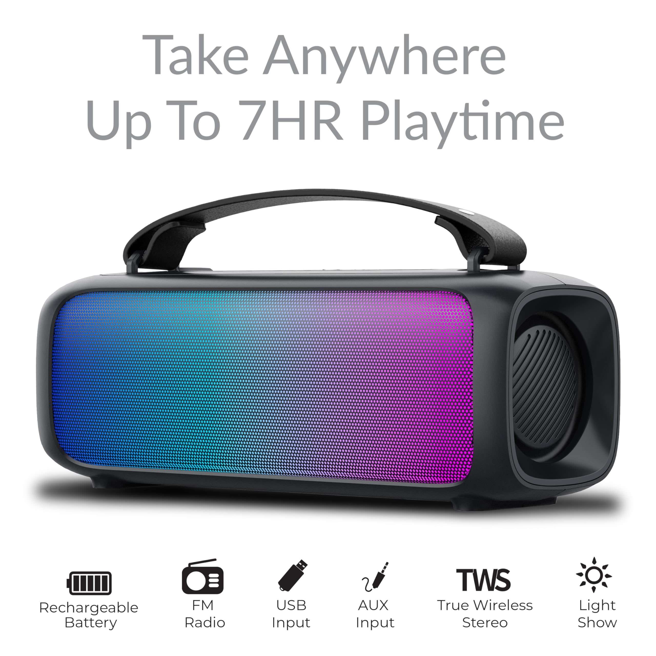 Supersonic IQ Sound IQ-3520RGB 2.0CH Portable Bluetooth Speaker with RGB Panel, IPX5 Water Resistance, TWS, Voice Control, FM Radio, USB Input, line-in Function, and Rechargeable Battery