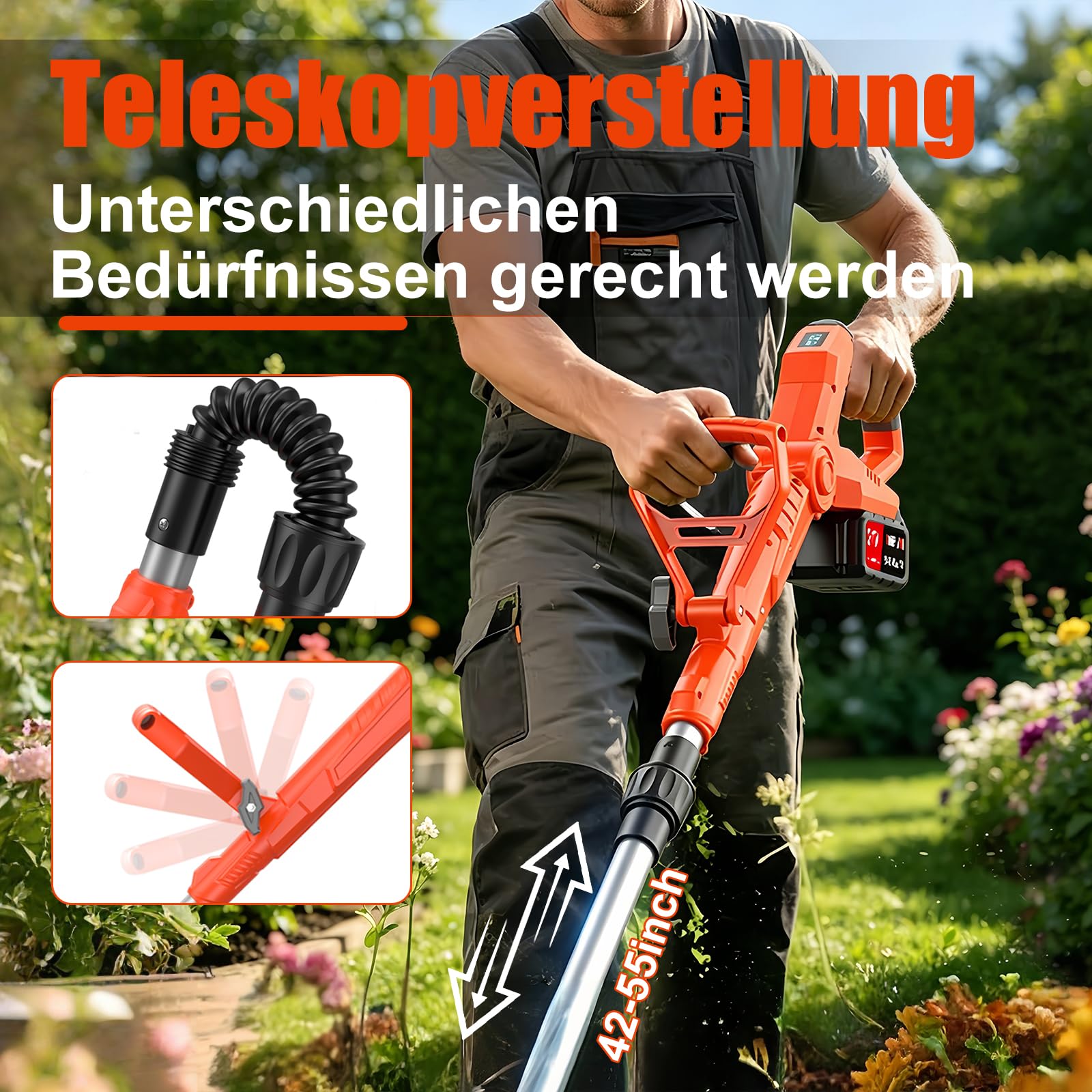 Desbrozadora eléctrica con batería con cepillo para malas hierbas, 21 V, desbrozadora eléctrica con batería, 2 baterías de 4,0 Ah y cargador, cabezal ajustable, mango telescópico para jardín, césped