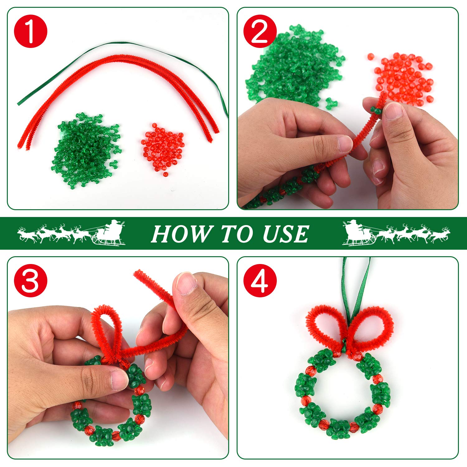 Kit Décorations De Noël DIY - 840 Perles Tri Vertes, 240 Perles Rouges, 30 Tiges Chenille - Couronne, Ornements