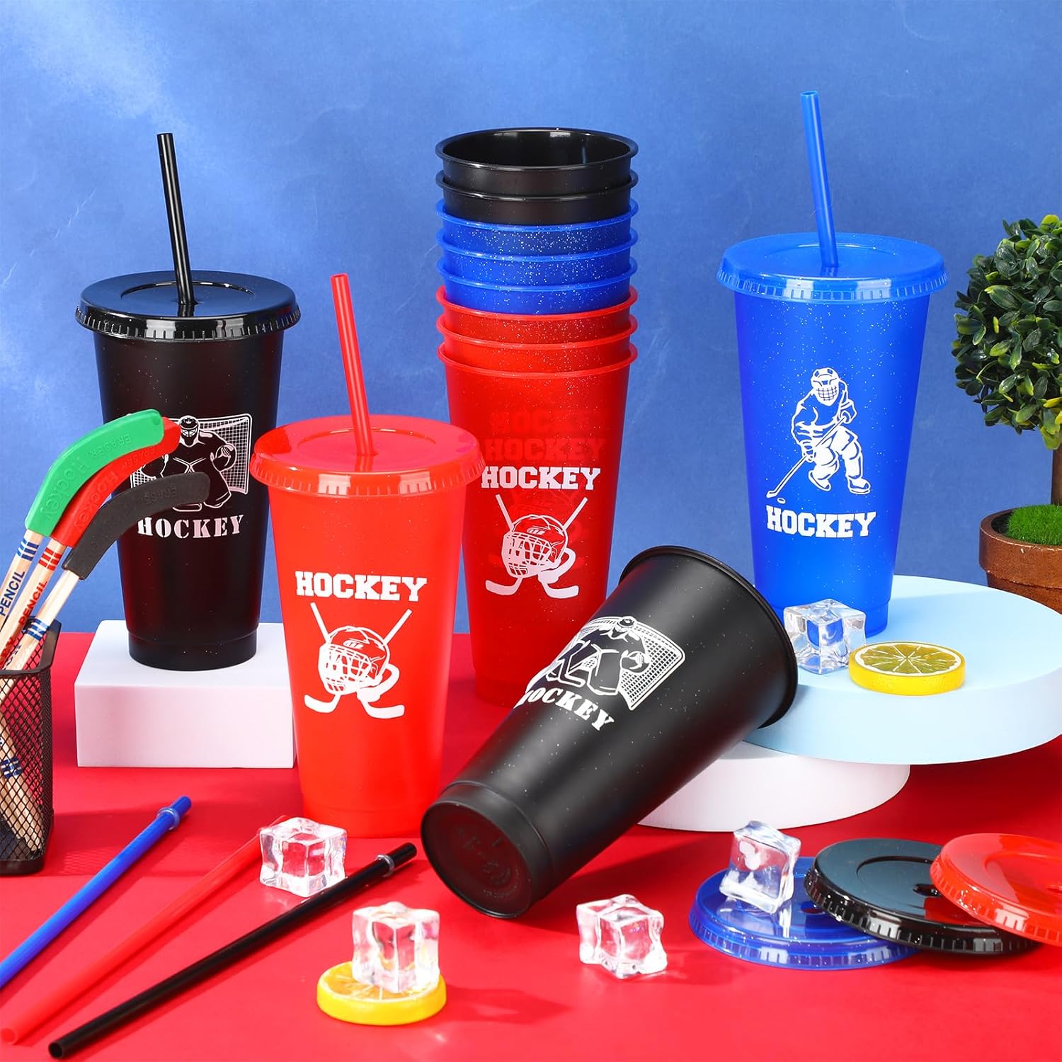 Willinglong 24 Pcs Hockey Party Favor Team Gifts Bulk 24 oz Reusable Hockey Tumblers with Lids and Straws Birthday Party Decorations Goodie Bag Stuffer Plastic Cup Iced Coffee Mug Bottle