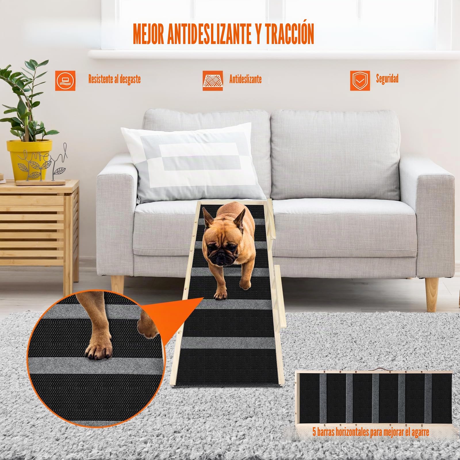 Rampa portátil multifuncional de madera plegable para mascotas, adecuada para gatos y perros, rampa de 110 cm de largo con altura ajustable de 12 a 23.4 pulgadas. Rampas para perros-110ZT,