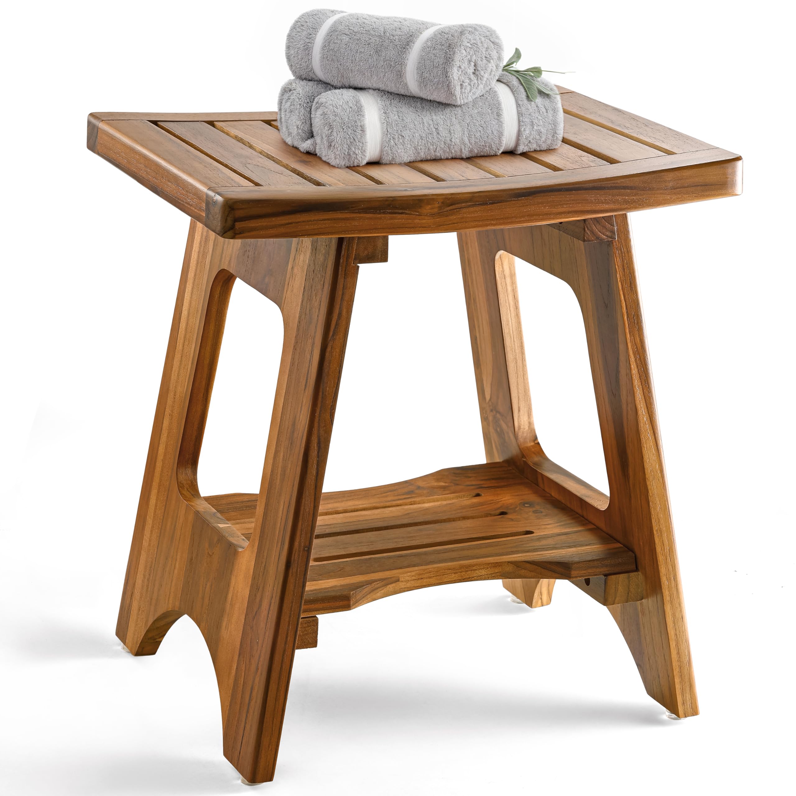 Banc de douche en bois de teck avec étagère de rangement pour serviette de salle de bain