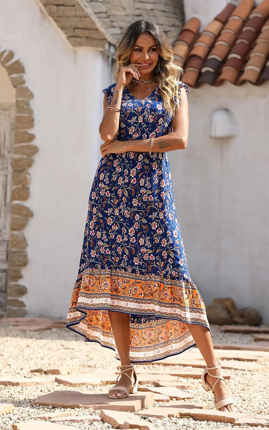 PRETTYGARDEN Women's Summer Maxi Dress Casual Floral V Neck Cap Sleeves Boho High Low Flowy Midi Long Sun Dresses - Image 4