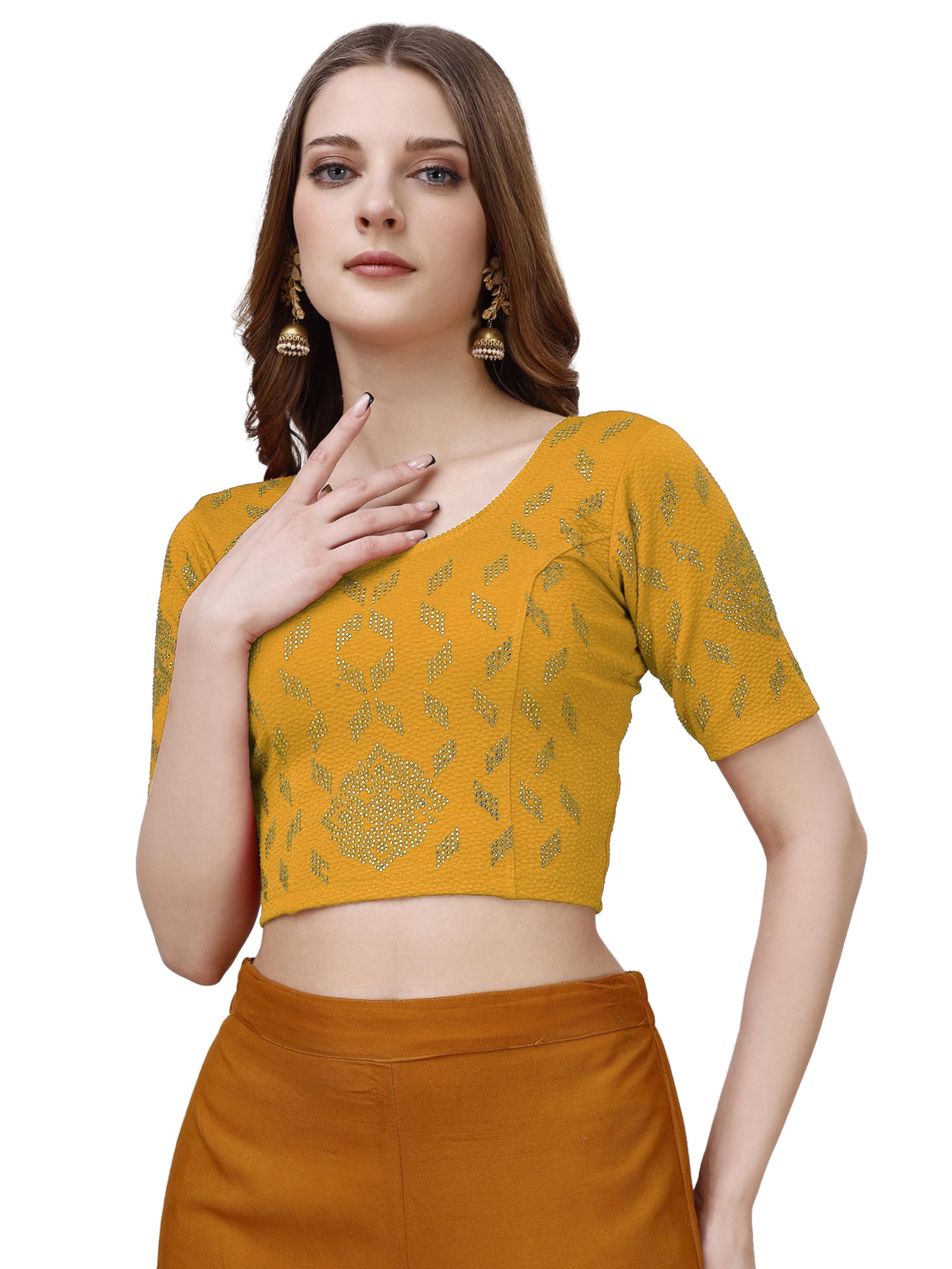 Vihu Fashion Women's Readymade Hosiery Lycra Stretchable Round Neck Half Sleeve Blouse With Swaroski Work Fancy Lycra Stretchable Yellow Blouse For Women Readymade Saree Blouse